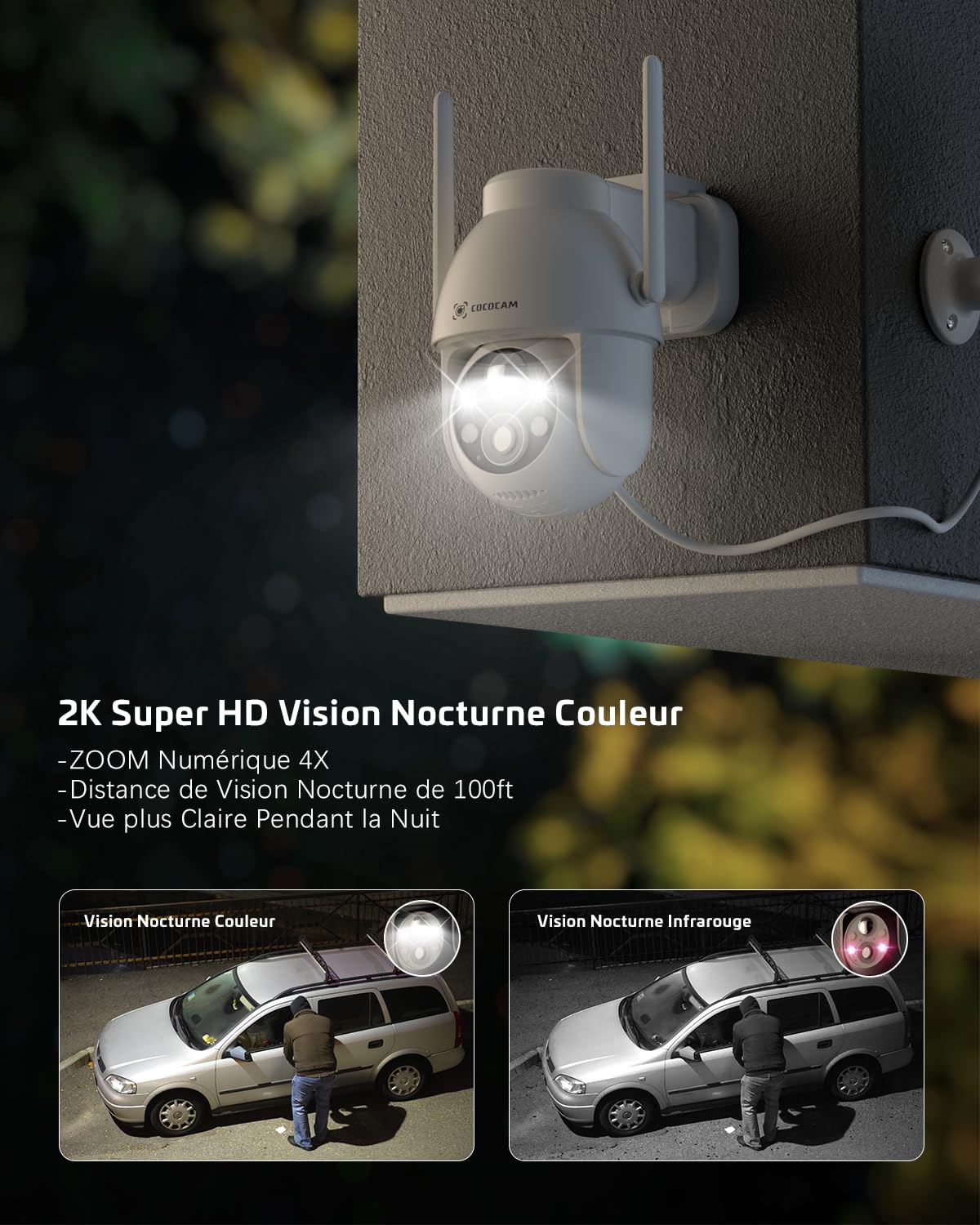 COCOCAM 2K Camera Surveillance WiFi Exterieure sans Fil sur AI Détection Humaine, Vision Nocturne Couleur, Audio Bidirectionnel, 2.4GHz WiFi, Cloud