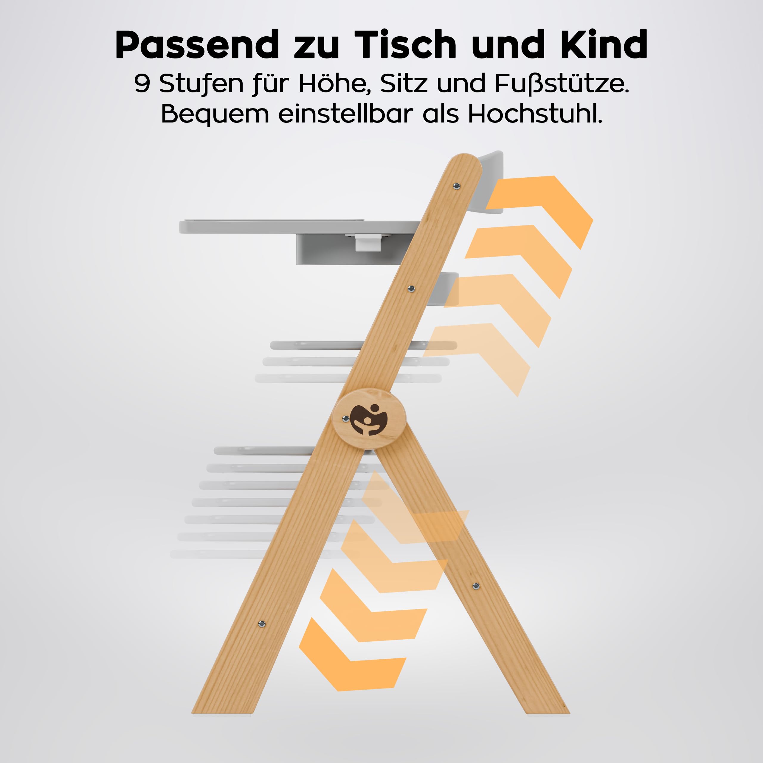 Tulano Morsel 45 Babyhochstuhl 4in1 aus Holz - Klappbar & mitwachsend | 3-Punkt-Gurt - Schutzbügel - Essbrett spülmaschinenfest - Rutschfeste Füße - 6 Monate bis 12 Jahre - Bis 40 kg - Grau
