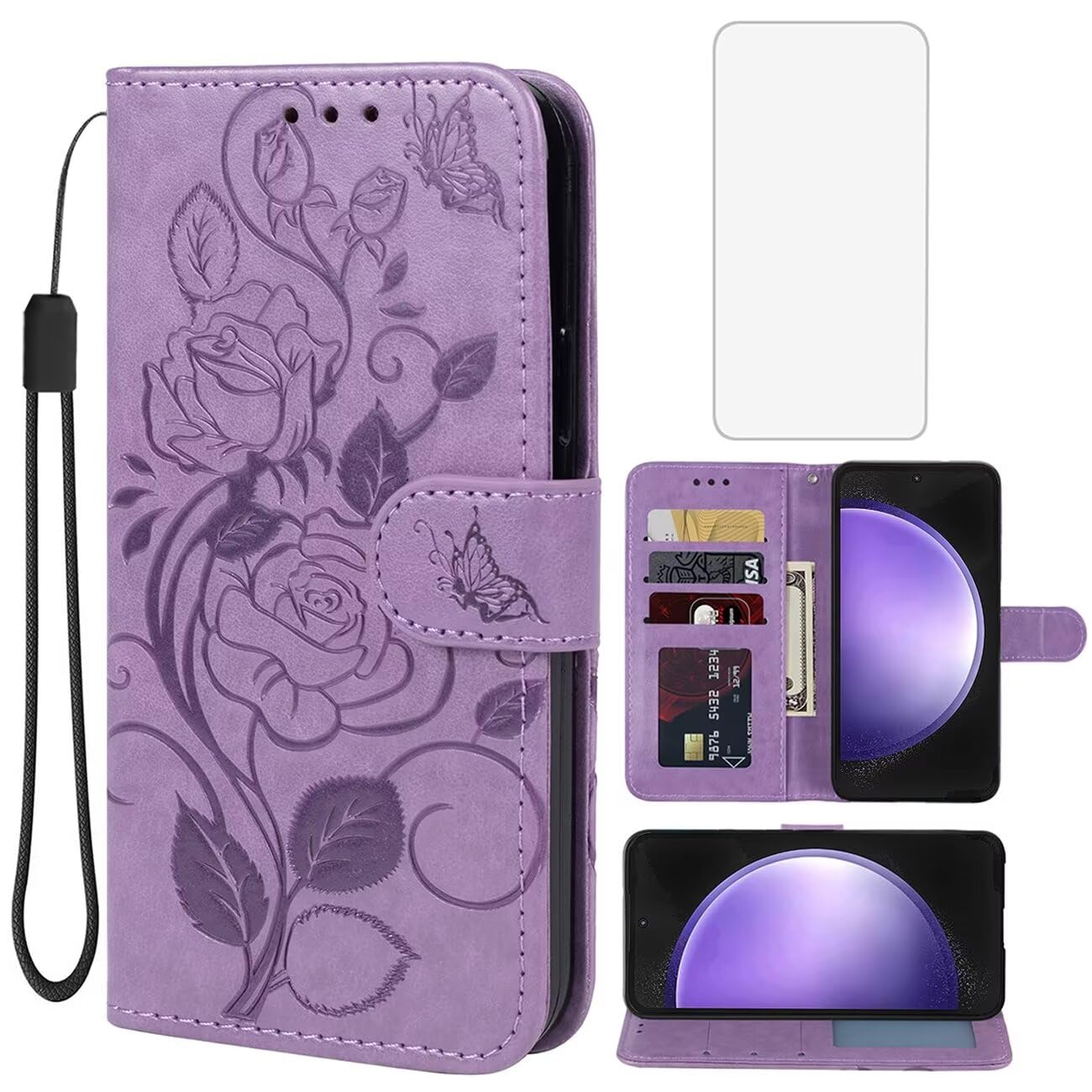 Vavies Case for Galaxy S23 FE, for Samsung S23 FE SM-S711U Wallet Case with Tempered Glass Screen Protector, Flower Leather Flip Credit Card Holder