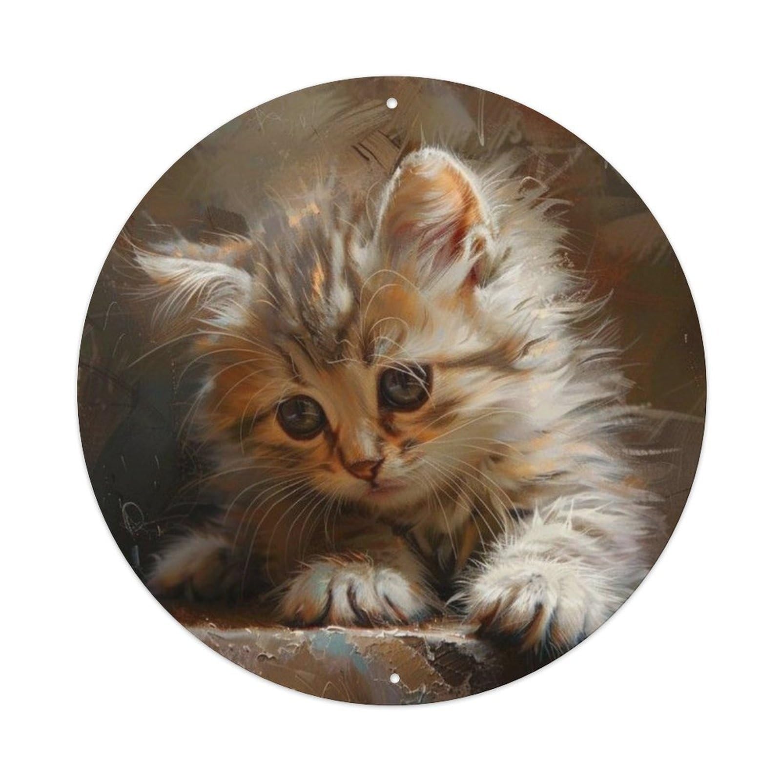 Animal Cute Fluffy Tabby Kitten Innocent Portrait Vintage Metal Tin Sign Plaque Wall Decor for Cafe, Club Bar, Office, Garden Metal Poster 8x8Inch