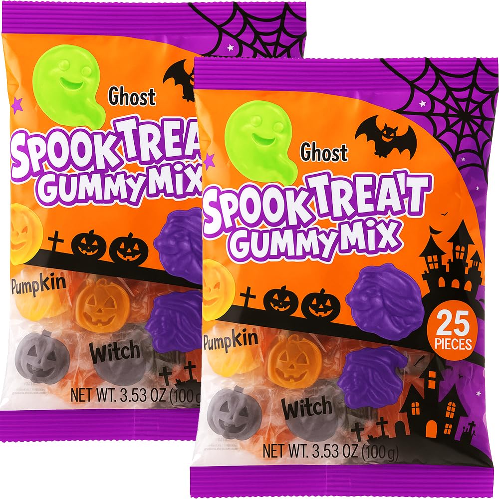 Halloween Spooky Treat Gummy Candy Mix 50 Pcs Individually Wrapped Fruit Flavored Candies - Trick or Treat Party Favor (25 Pcs Per Bag(3.53 oz) - 2 Bags