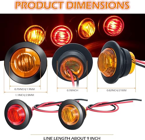 Miniatura 2 de 100 luces LED redondas de 3/4 pulgadas, 3 luces LED indicadoras laterales delanteras y traseras, luces intermitentes amarillas y rojas, lámpara