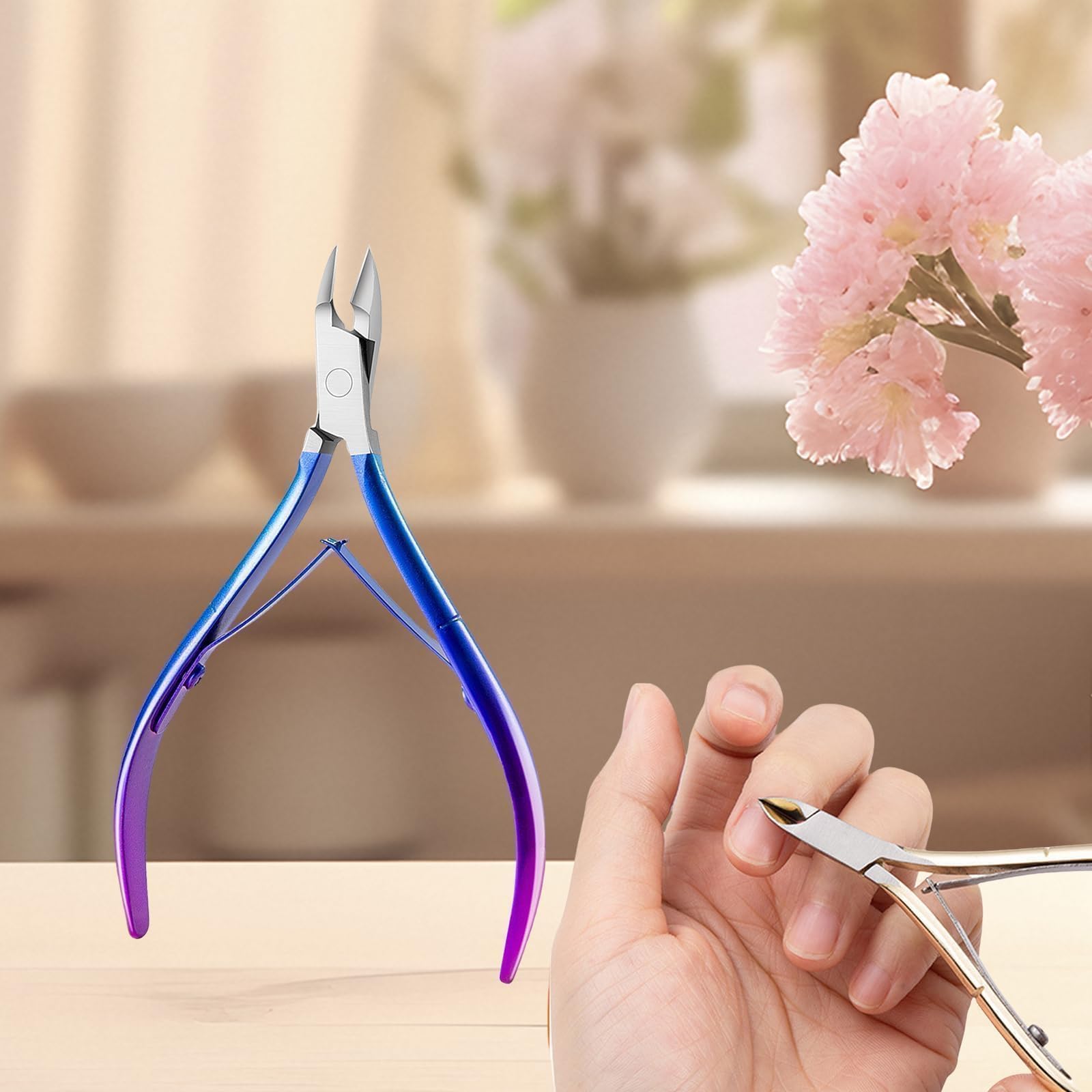 Glossy Finish Cuticle Nipper & Nail Tools - Fine-Coated Trimmer, Double Buckle Cutter with Comfort Grip - Cuticle Remover & Clipper (Blue 1-PACK)