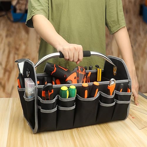 Miniatura 4 de Bolsa de herramientas para electricista, tapa abierta, de gran capacidad, multifuncional, mango de acero duradero, organizador de almacenamiento