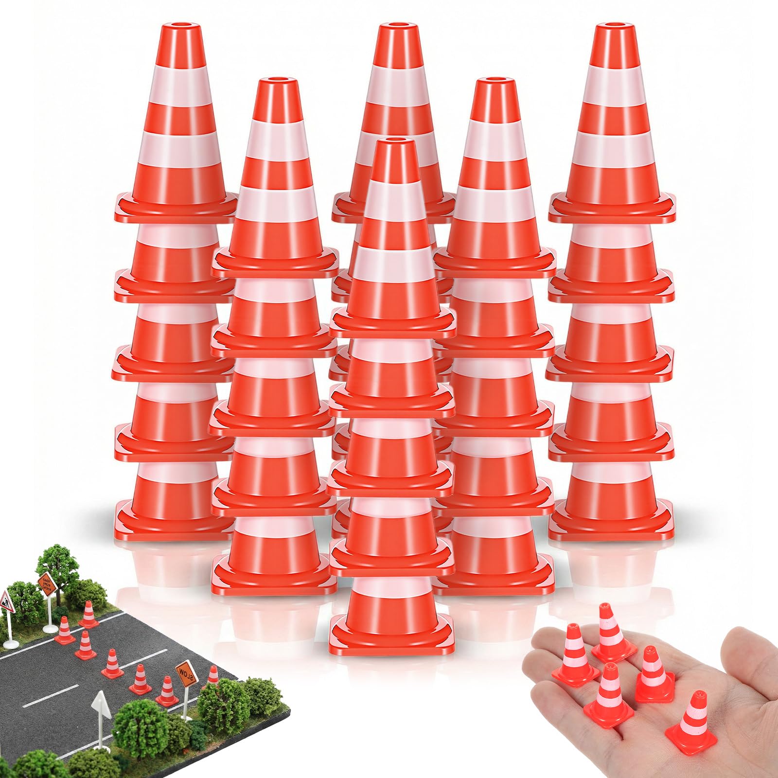 50 Pcs Mini Traffic Cones, Small Construction Toys & Mini Cones Orange ABS Plastic Road Signs for Training, DIY Scenes, Party Decorations