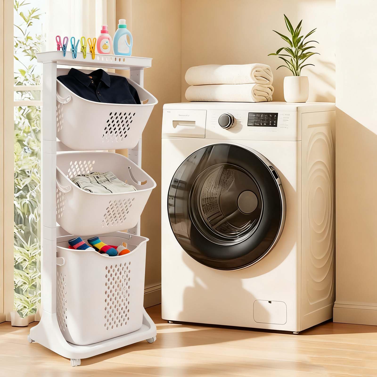 Cesto para la colada con ruedas 43 x 33 x 109 cm con 3 cestas extraíbles, clasificador de ropa con estante y 2 frenos de estacionamiento, color blanco