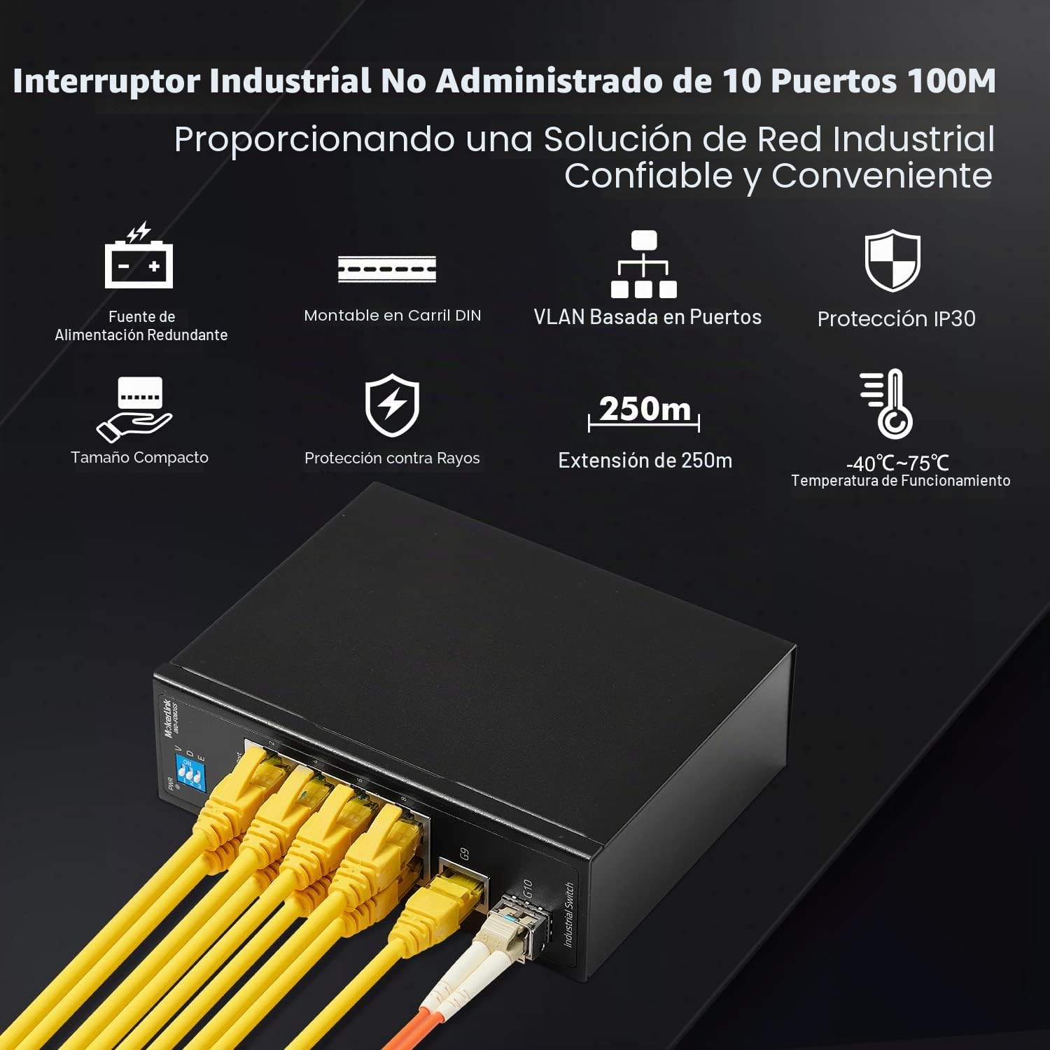 MokerLink 10 Port Industrial DIN Rail Switch, 8 Ports 100Mbps,1 Gigabit Ethernet and 1 SFP Uplink, DIN-Rail & Wall Mount