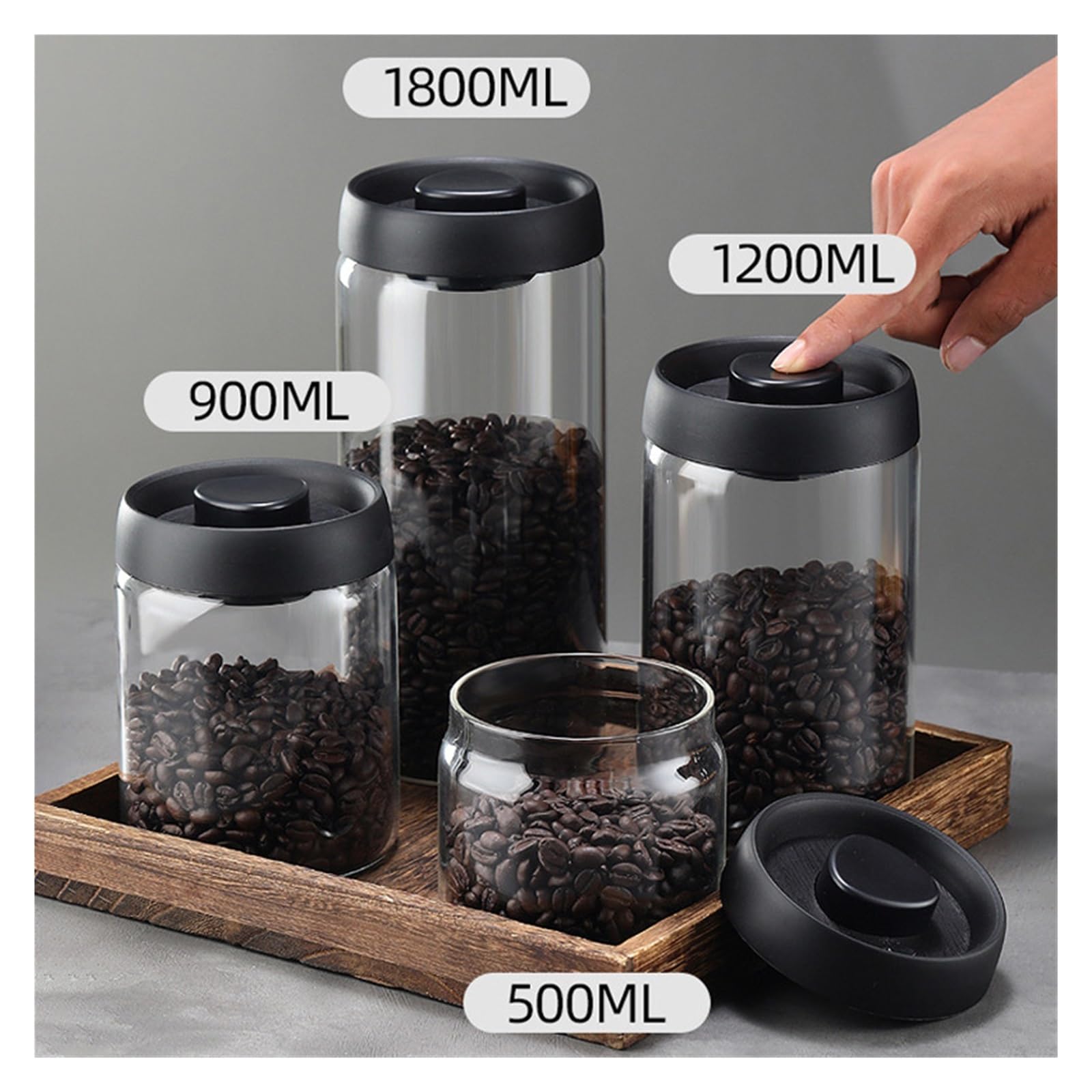 Vakuum Glasbehälter, luftdichte Kaffebohnen Dose | Borosilikatglas, transparent, 500ml 900ml 1200ml 1800ml, 1 Stück(Glod 1 -900ml)