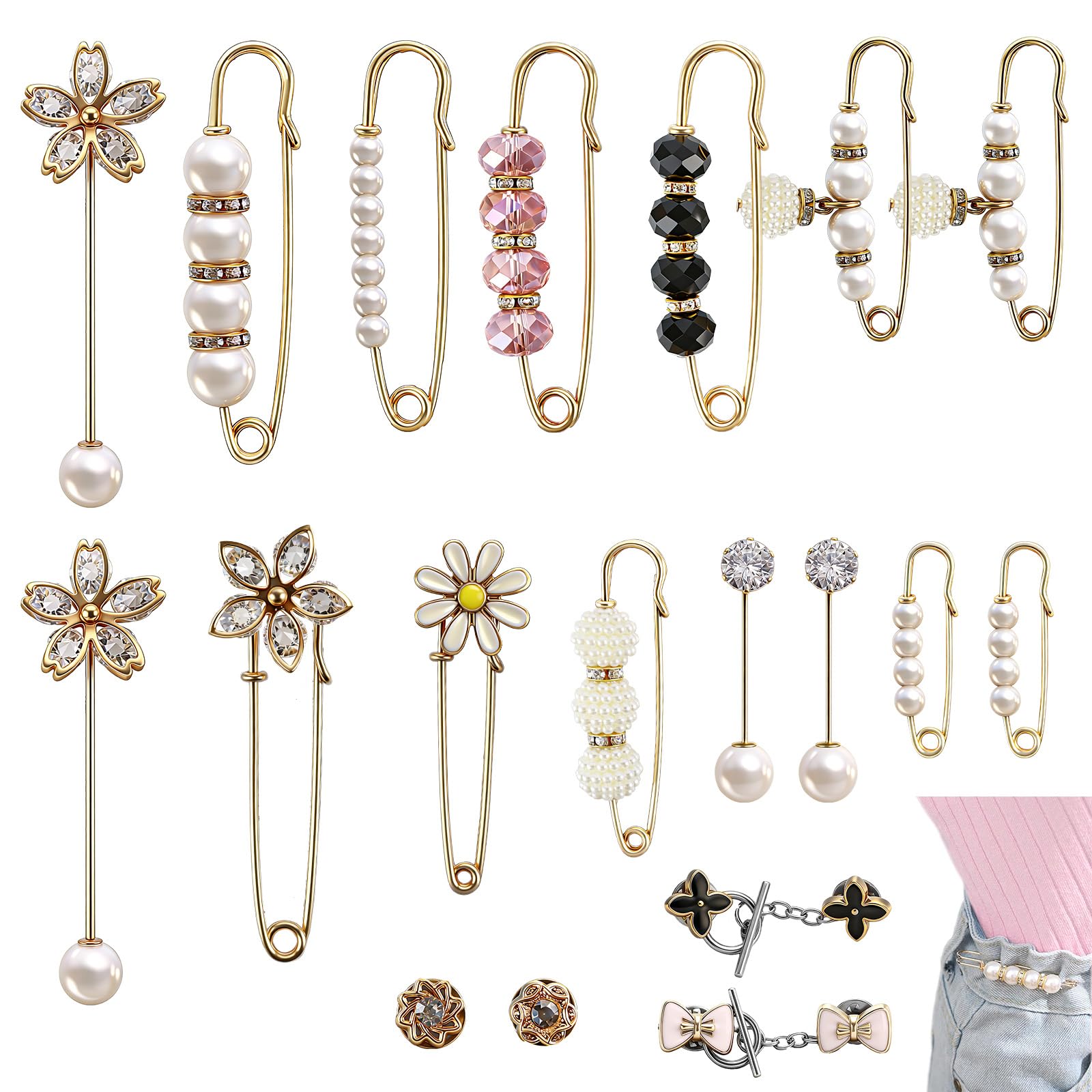 Waclaw 19 Pieces Pearl Brooch Safety Pins, Pant Waist Tightener Pins for Clothes Sweater Shawl Collar Dress Cardigan Shirt Jeans Decoration Accessories for Women Girls