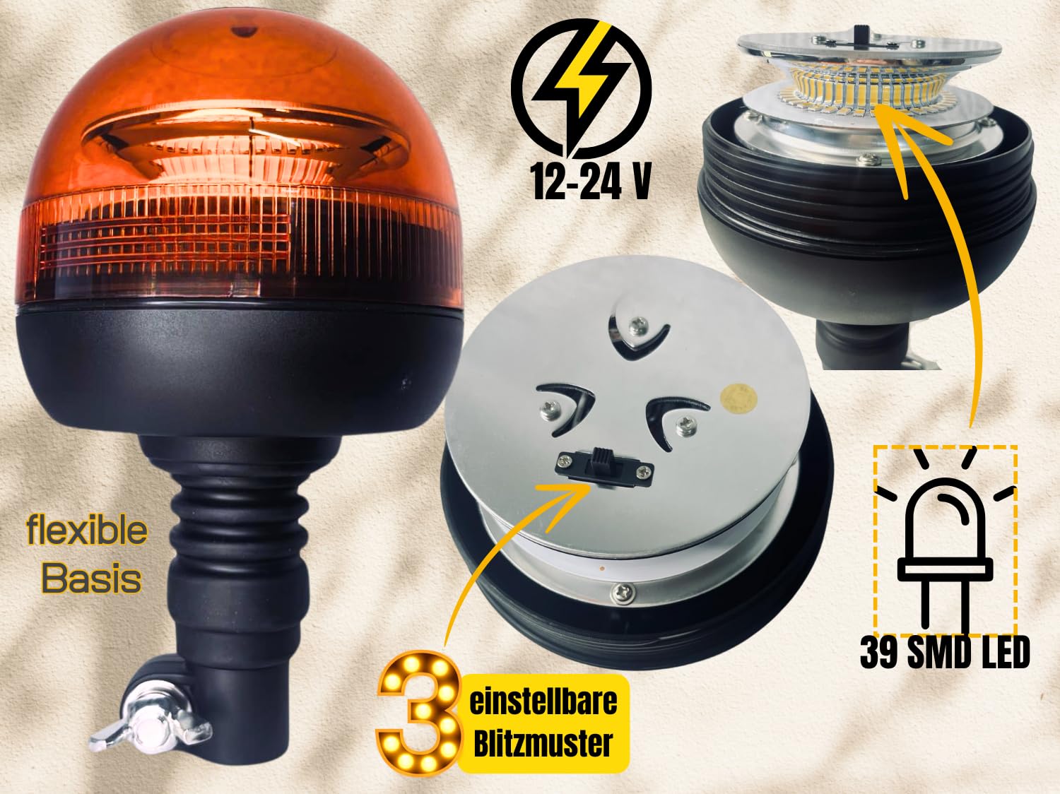 Matel Service Rundumleuchte orange, Warnleuchte mit flexiblem Fuß LED 12V 24V Für Straßenver 3 Funktionen R65 mit Aufsteckrohr Halterung