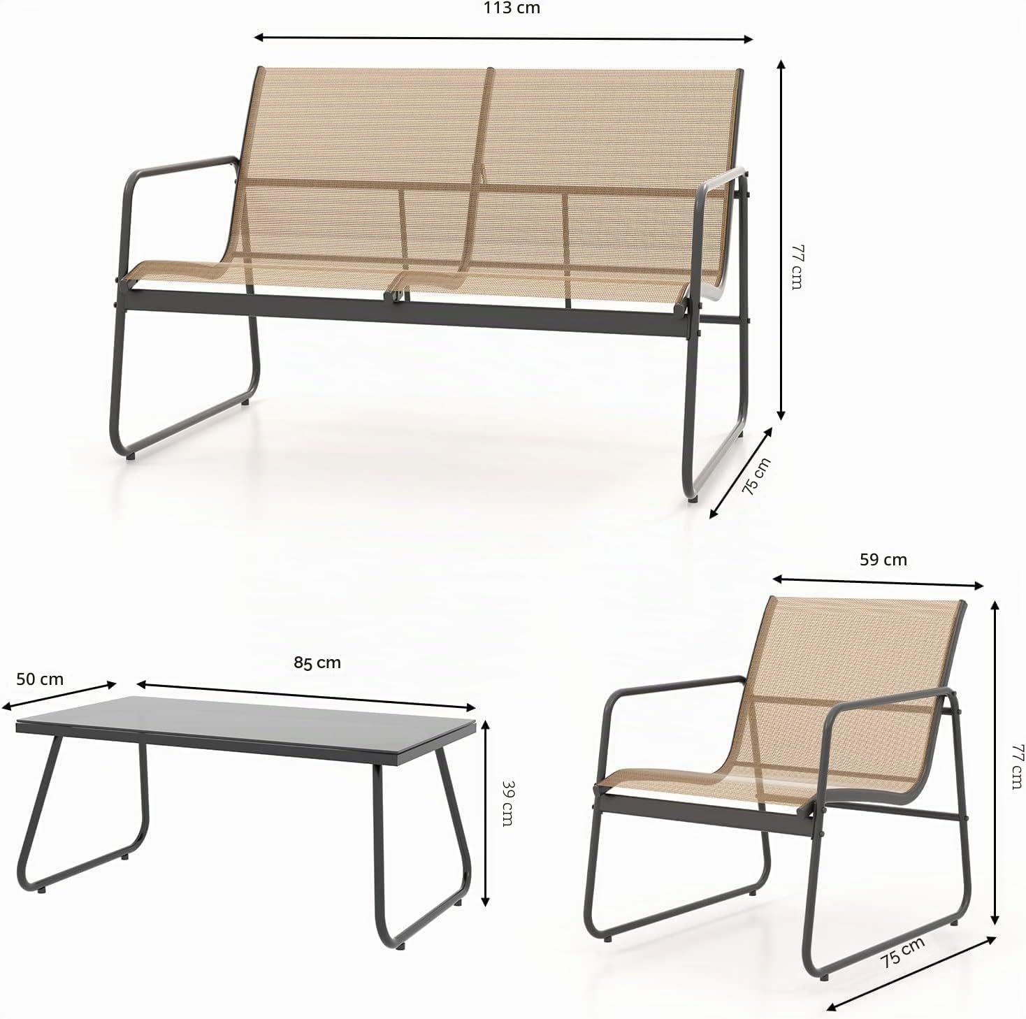 Grand patio Set di Mobili in Textilene, Arredamento Giardino Set di 4 Pezzi, con Tavolino in Vetro, 2 Sedie e Panchina, Ideale per Giardino, Cortile e Terrazzo (Marrone scuro)