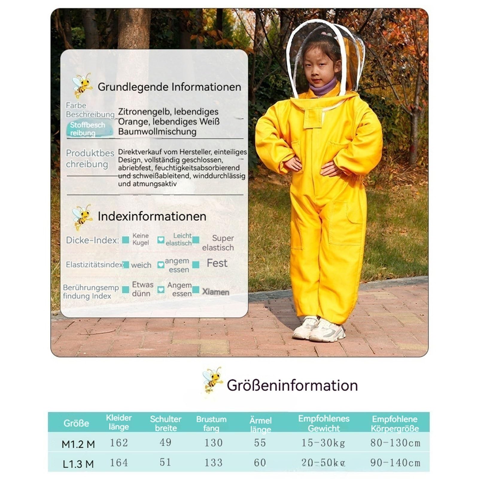 Imkerei Anzug Kinder Imkeranzug mit Schleier Anti-Biene Overall Bienenschutz atmungsaktiv einteilig Bienenhaus Naturerlebnis für Garten Freizeit(Yellow,Medium)