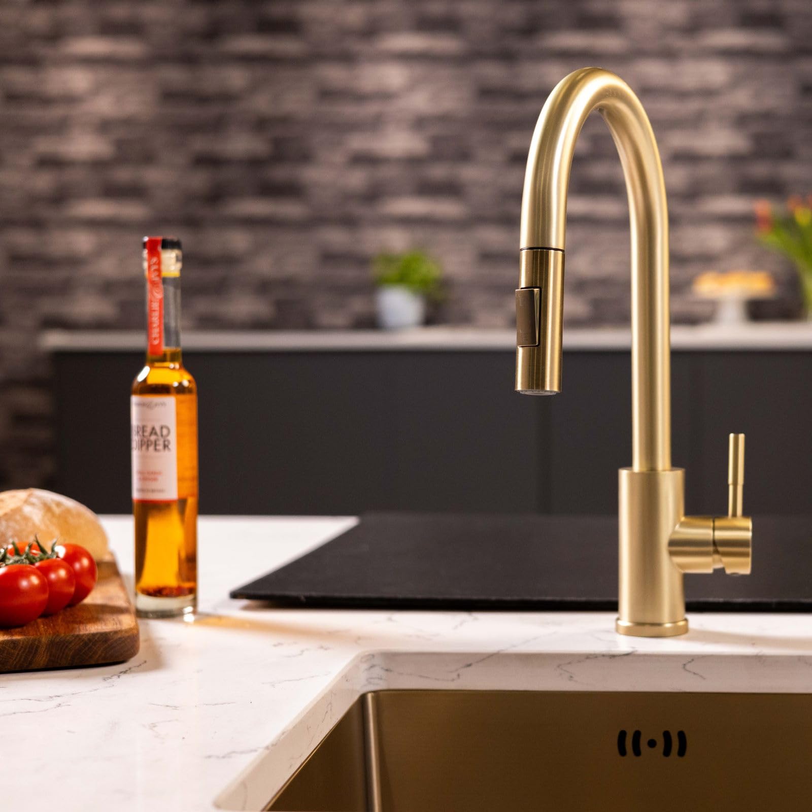B&Q -  Runda Kitchen Sink Mixer With Pull Out Spray Brushed Brass Square Head