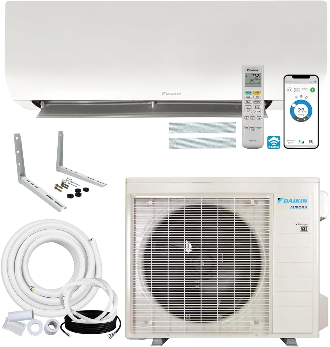 Daikin 12,000 BTU 19.5 SEER2 Aurora Low Ambient Ductless Mini Split Air Conditioner Heat Pump with Maxwell 15 ft. Installation Kit and Bracket – Wi-Fi Enabled R32