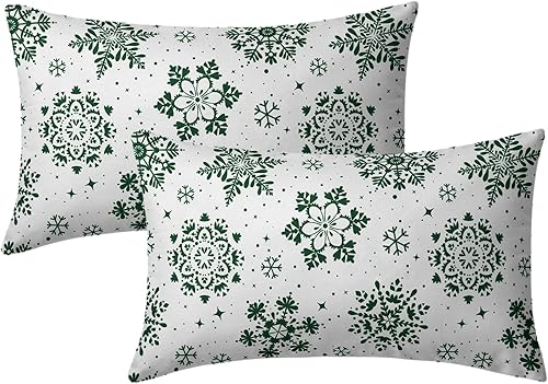 Juego de 2 fundas de almohada lumbar de invierno y Navidad con copos de nieve verdes y blancos, 12 x 20 pulgadas, decoración de vacaciones de nieve,