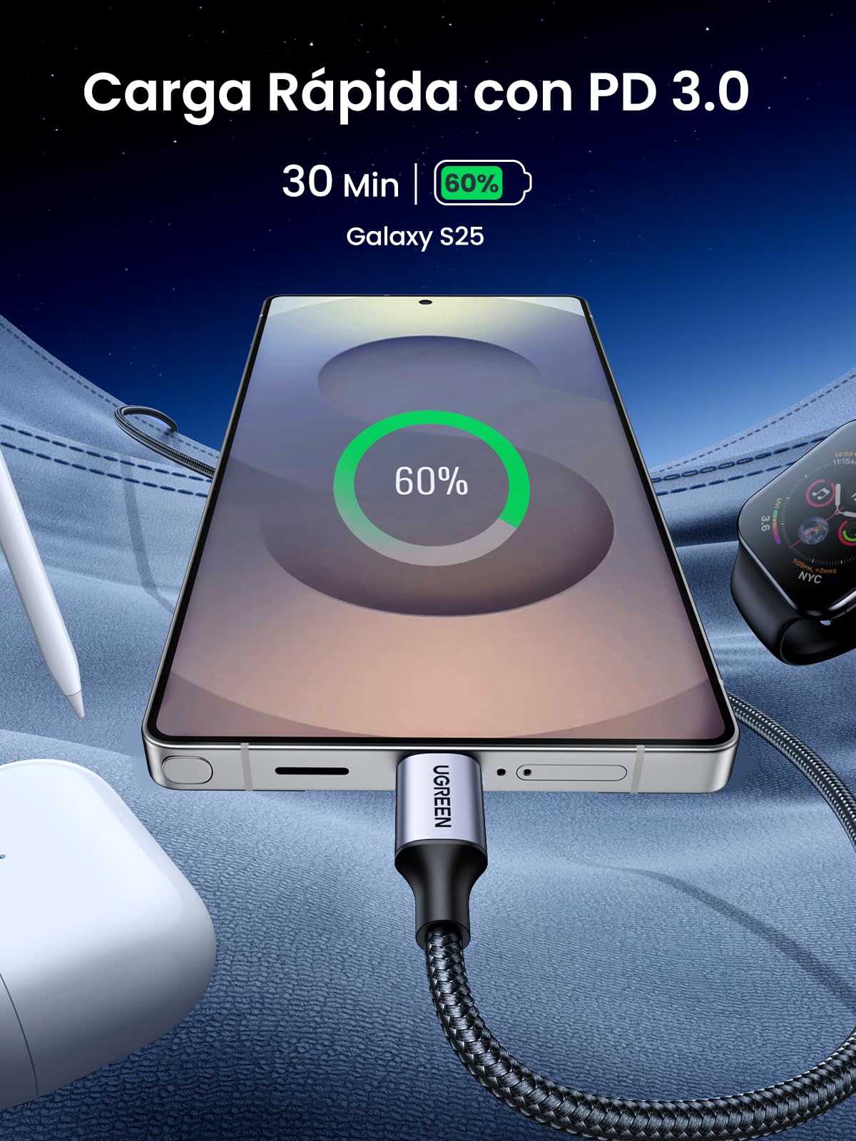 UGREEN Cable USB C 60W PD 3.0, Tipo C Carga Rápida Nylon Compatible con iPhone 17 Pro Max Air/16/15 Plus Pro Max, Galaxy S26 S25 S24 S23 A53, Pixel 10 9 8, PS5, etc. 1M