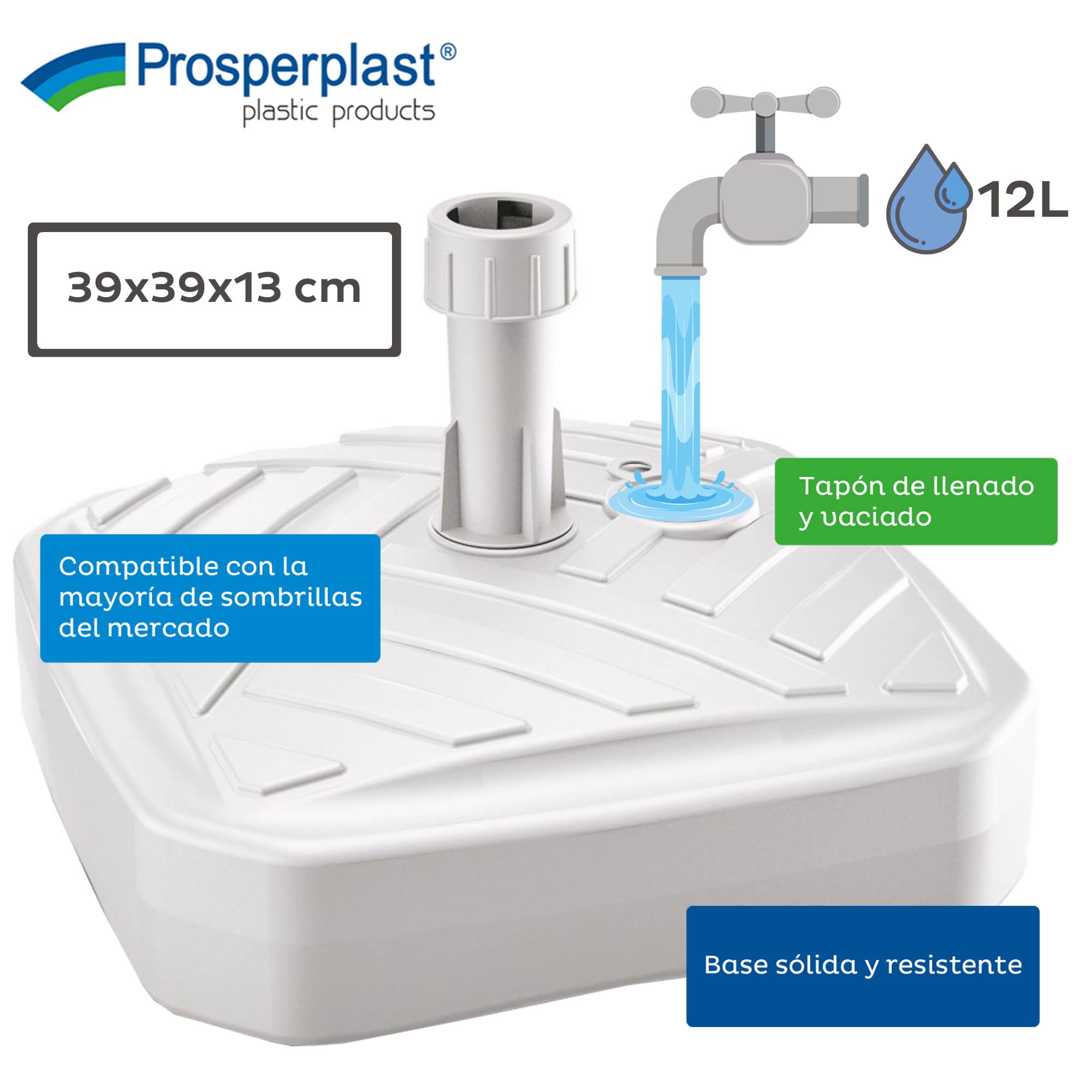 Kwadratowa podstawa parasola z polietylenu w paski 39 x 39 x 13 cm w kolorze białym