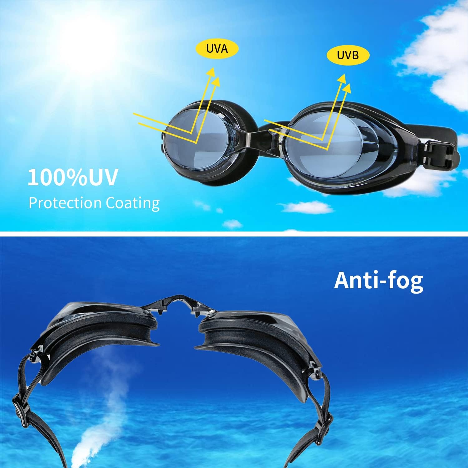 Anti Fog Swimming Goggle with Soft Silicone Nose Bridge & Ear Plugs for