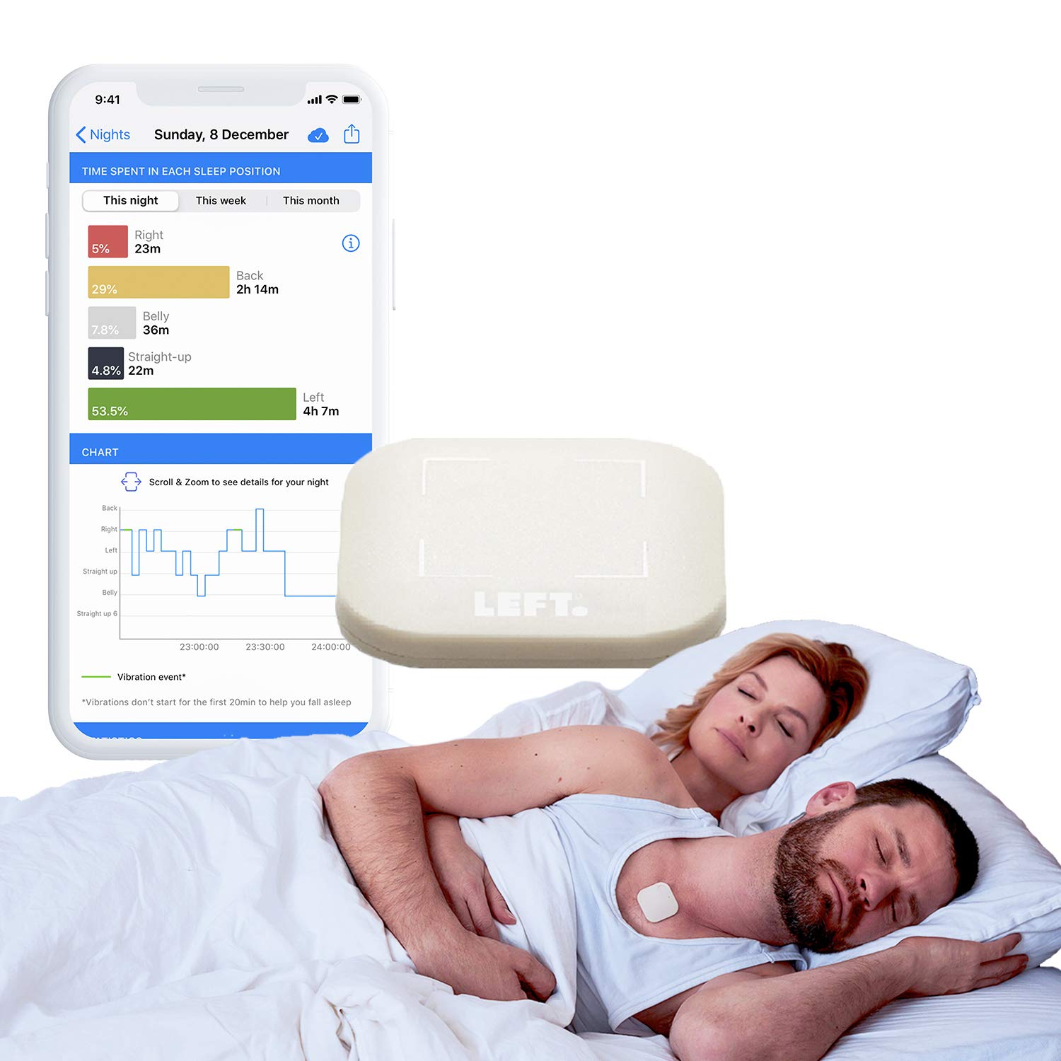 Left - Natural Nighttime Heartburn Relief | Drug-Free Alternative to Fight Acid Reflux Pains | Complete with App and 32 Adhesive Pads | Discrete and Easy to Use Sleep Position Training Device