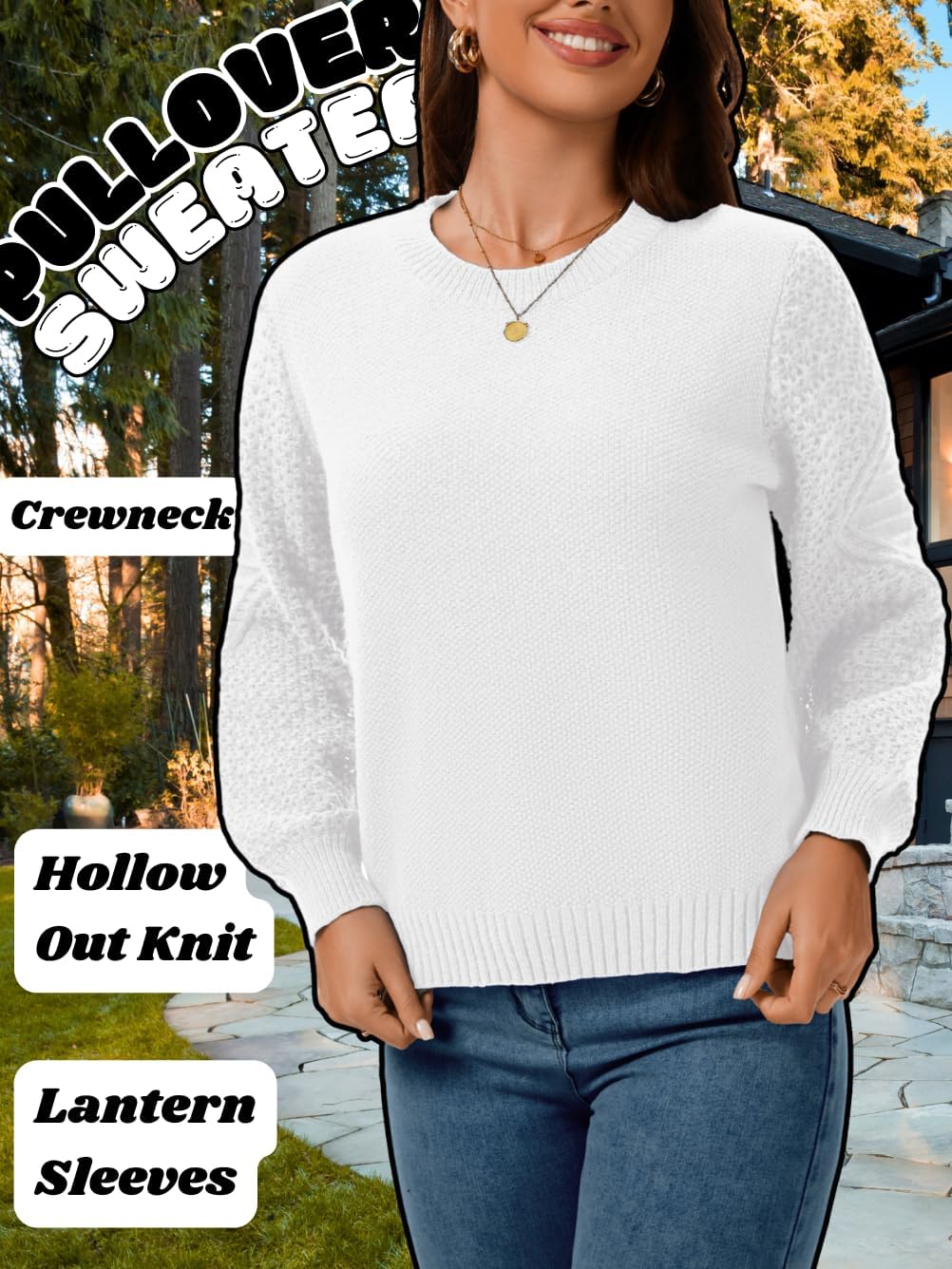 Kaei&Shi Women Cable Knit Sweater,Crewneck Puff Long Sleeve Sweaters,Fall Family Photo Outfits - Image 2