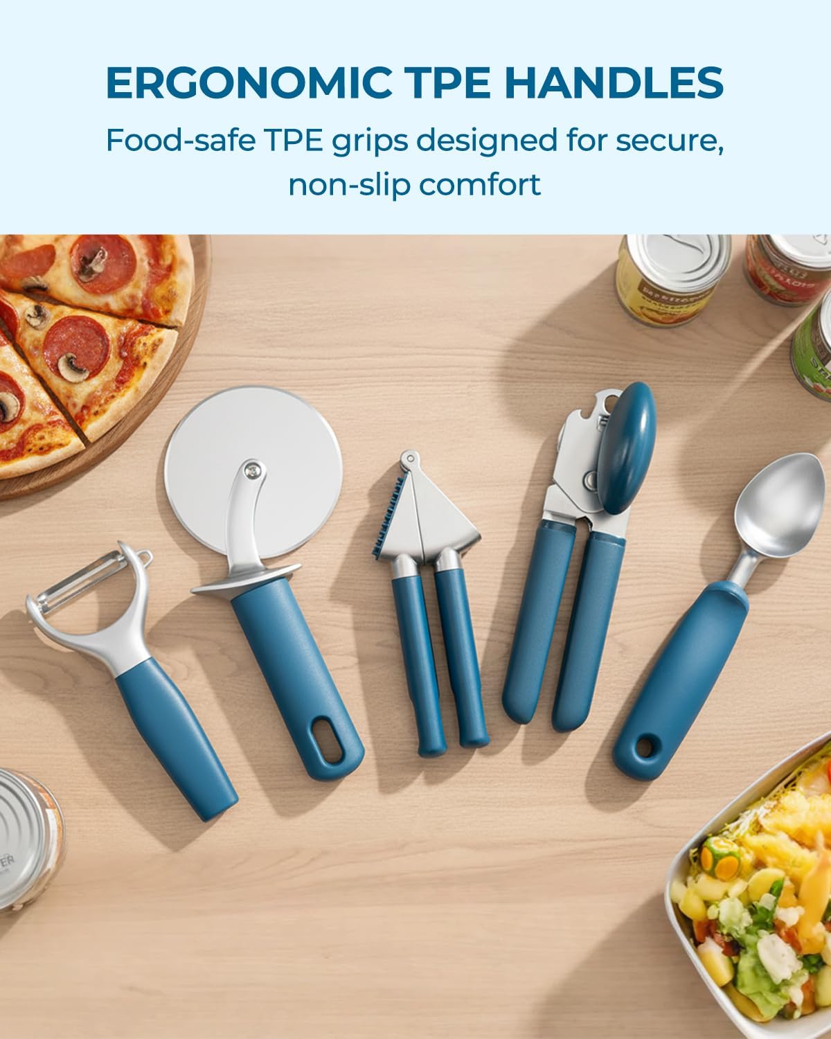 OOU Kitchen Gadget Set, 5 Piece Premium Zinc Alloy Kitchen Tools with Ergonomic TPE Handles – Includes Can Opener, Pizza Cutter, Garlic Press, Ice Cream Scoop, Peeler, and Wooden Storage Tray