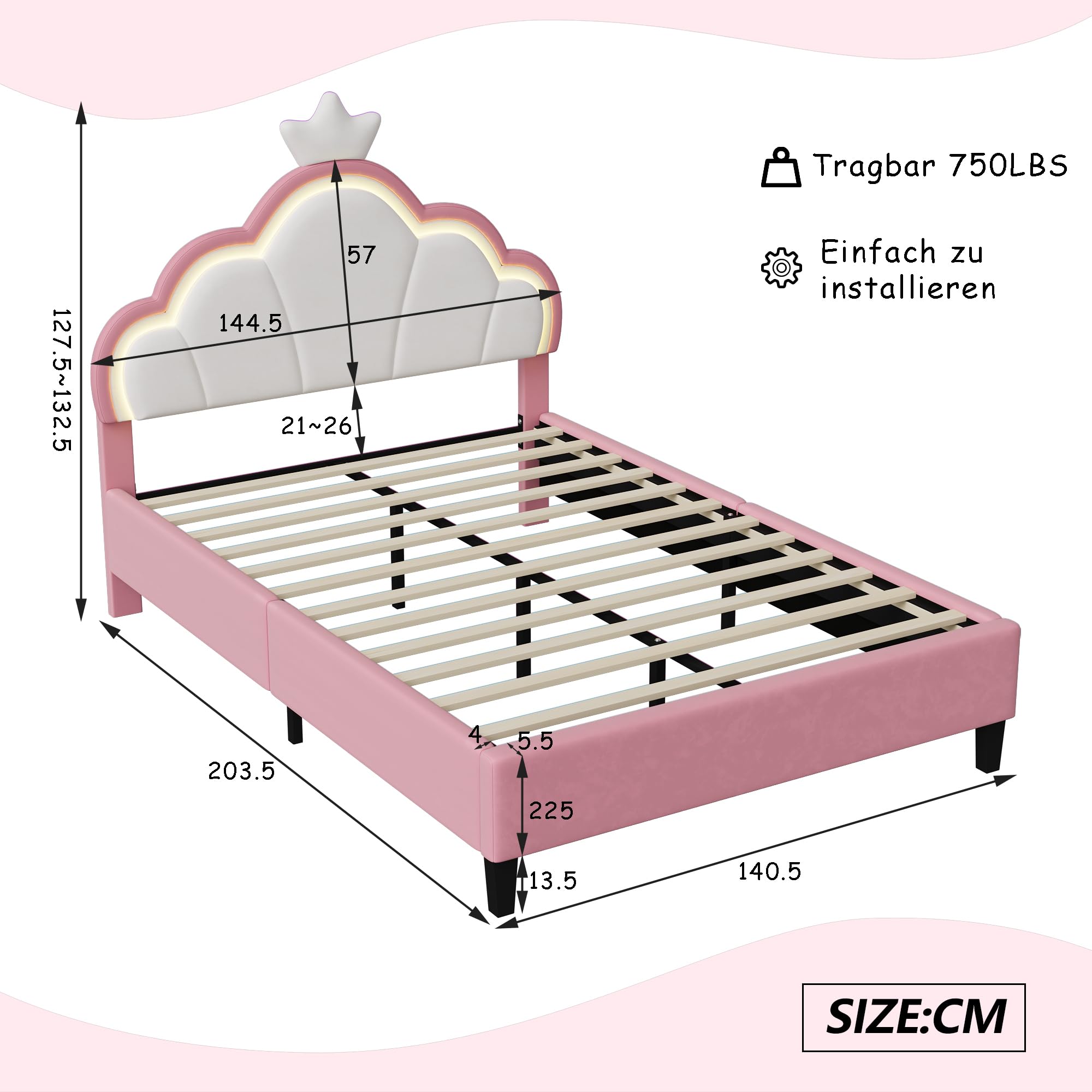 Lit Double Enfant 140x200 cm, Lit Fille Princesse avec LED, Tête de lit Réglable en Forme de Couronne,Cadre de lit Rembourré avec Sommier à Lattes,pour Enfants & Adultes (Rose, 140x200cm)