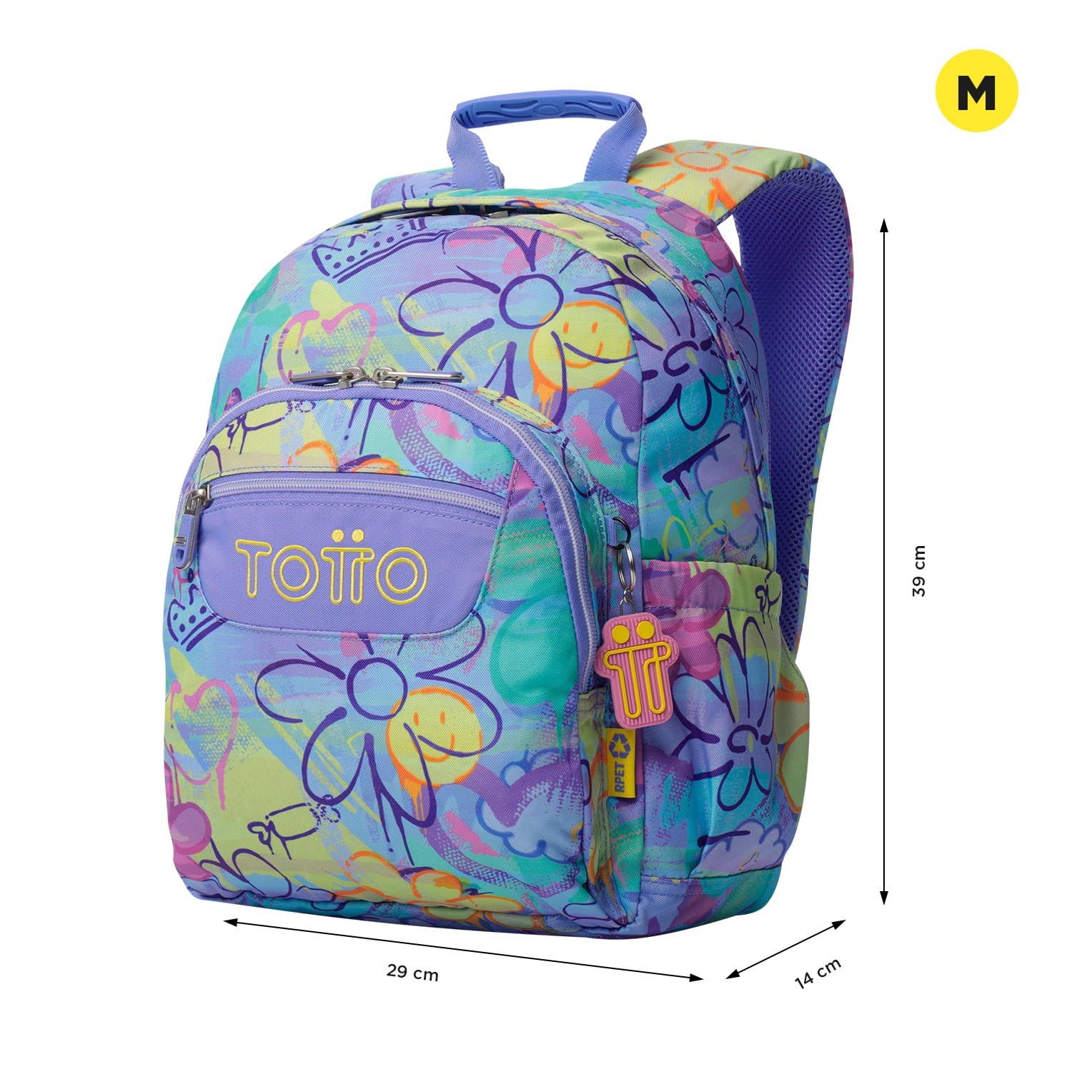 TOTTO - Mochila Escolar, Modelo Gommas, Mochila Mediana, Capacidad 15 L, Bolsillo para PC 14", Bolsillo Botella, Espaldar Ergonómico con Flujo de Aire, Cómodas Correas en S, Estampado Grafily