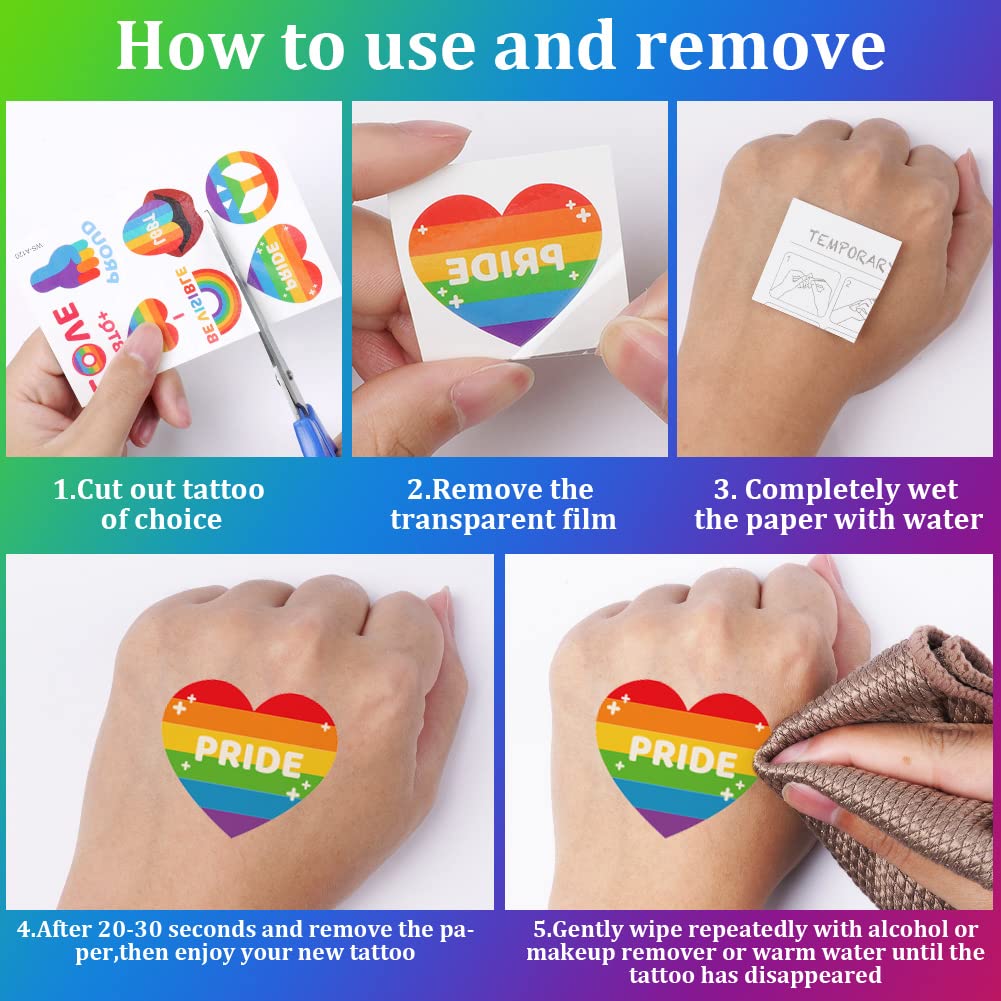 AOMIG 70+ stylów tatuaży z dumą, 10 dużych arkuszy tymczasowych tatuaży Gay Pride, wodoodporne naklejki z tatuażami LGBT Rainbow Flag na festiwale Pride dekoracje świąteczne