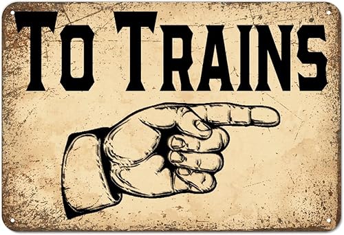 MISSUYSA Letrero de aluminio con la flecha izquierda con texto en inglés "To Trains Arrow Left Tin Station" (Estación de tren), decoración de pared