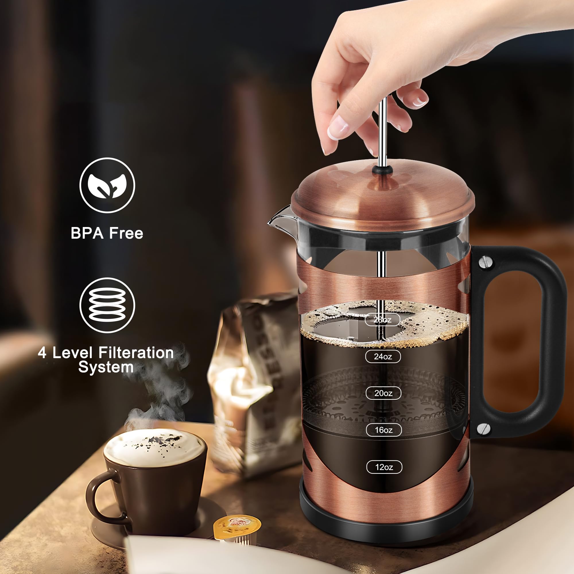 YMMIND Cafetera de prensa francesa de 34 onzas, prensa de café de acero inoxidable de cobre, con sistema de filtro de 4 niveles, vidrio de borosilicato de grosor resistente al calor, cafetera