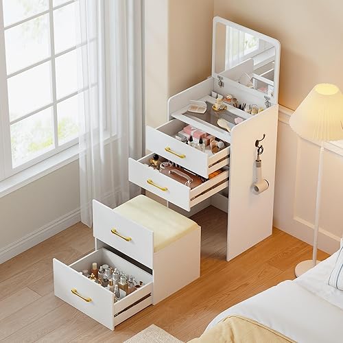 3-in-1 Vanity Desk with Flip Top Mirror, Makeup Vanity Table with Cushioned Stool for Small Space, Compact Dressing Table, Vanity Set for Bedroom