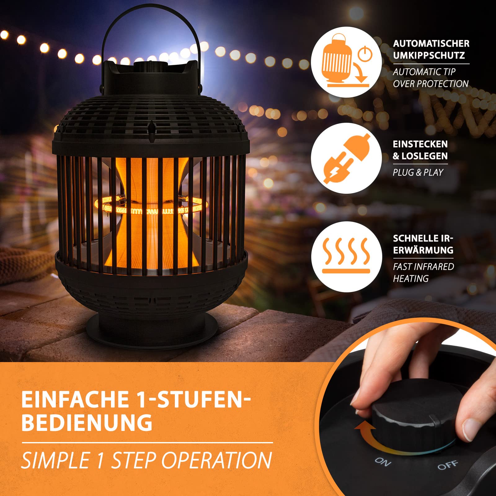 Mi-Heat 1200 W zewnętrzna latarnia na podczerwień Rom, promiennik stołowy, promiennik tarasowy, 360° promieniowanie cieplne