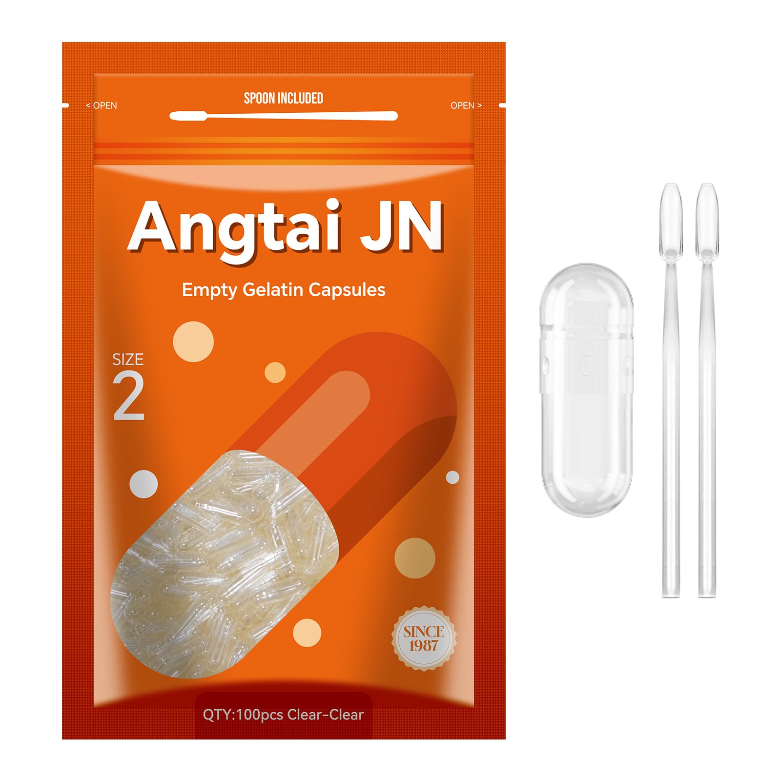 Angtai JN Empty Gelatin Capsules Size 2 Pure Bovine Clear (100 Count) Gluten Free, Non-GMO, Halal Certified Pill Gel Caps Filling Kit with 2 Spoons