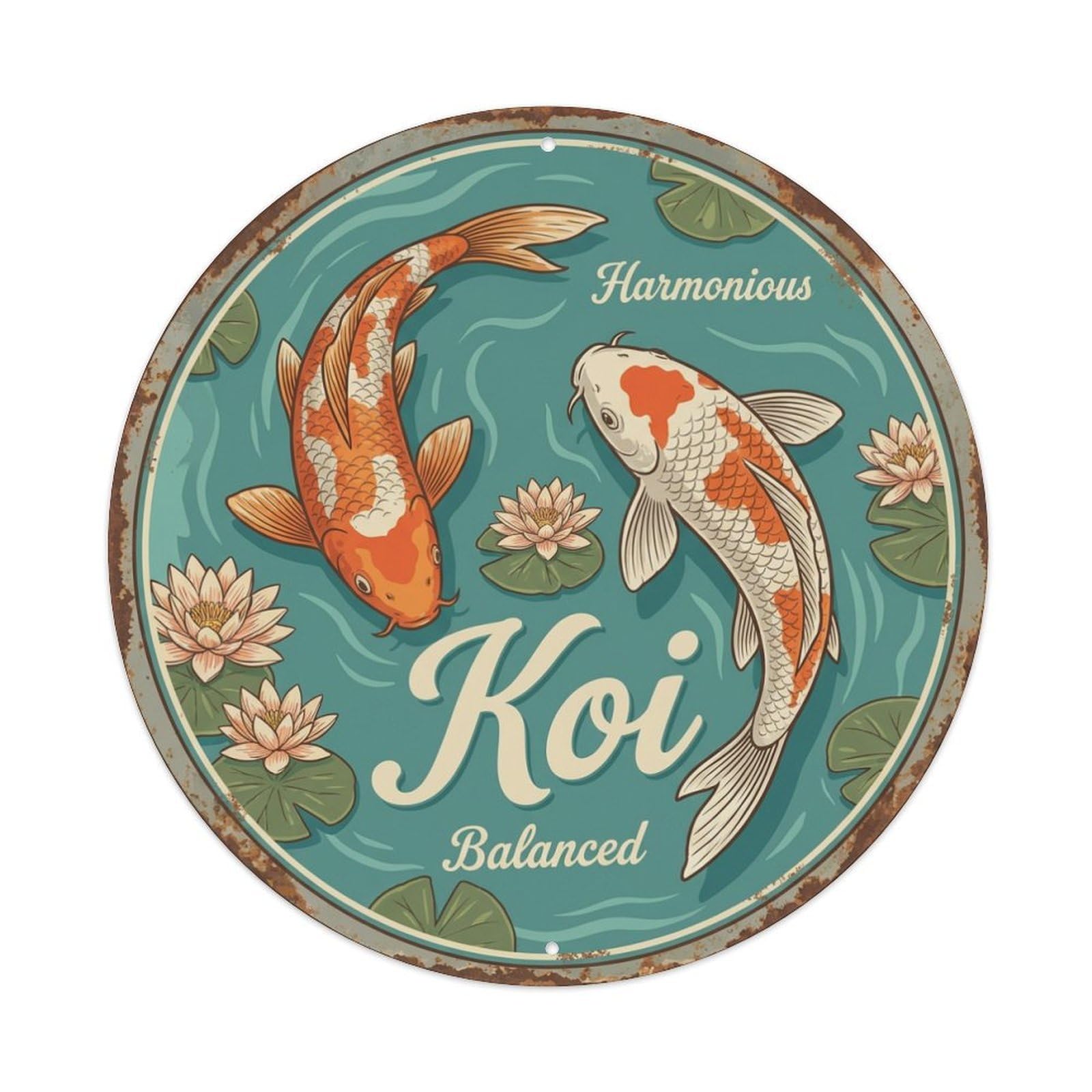 Koi Fish Harmonious Balanced Unified Waters Peaceful Symphony Metal Tin Sign
