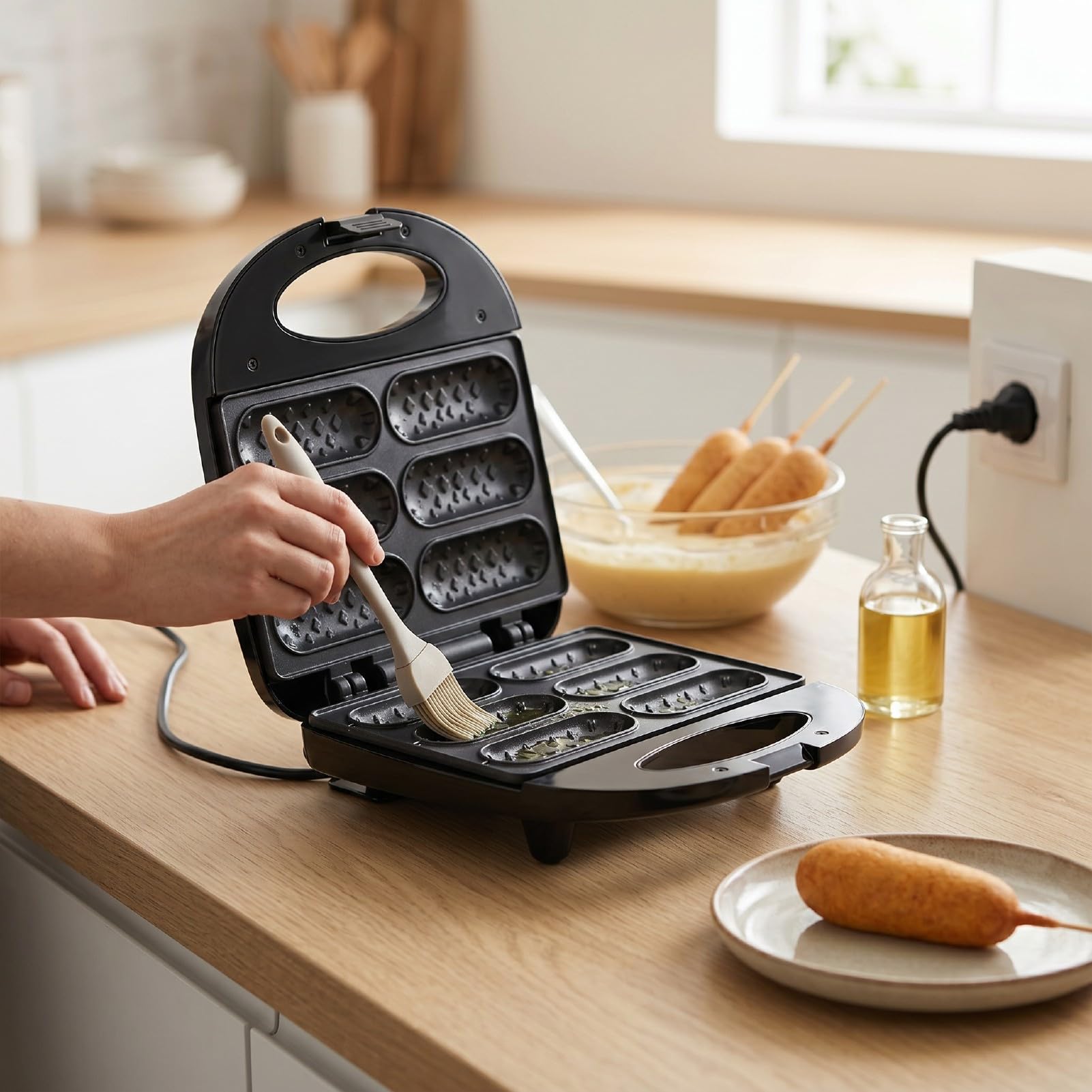 Qcwwy Corn Dog Maker, Mini Hotdog Waffeleisen, 750 W, für 6 Mini Corn Dogs, for Haushalt und Küche (EU-Stecker 220V)