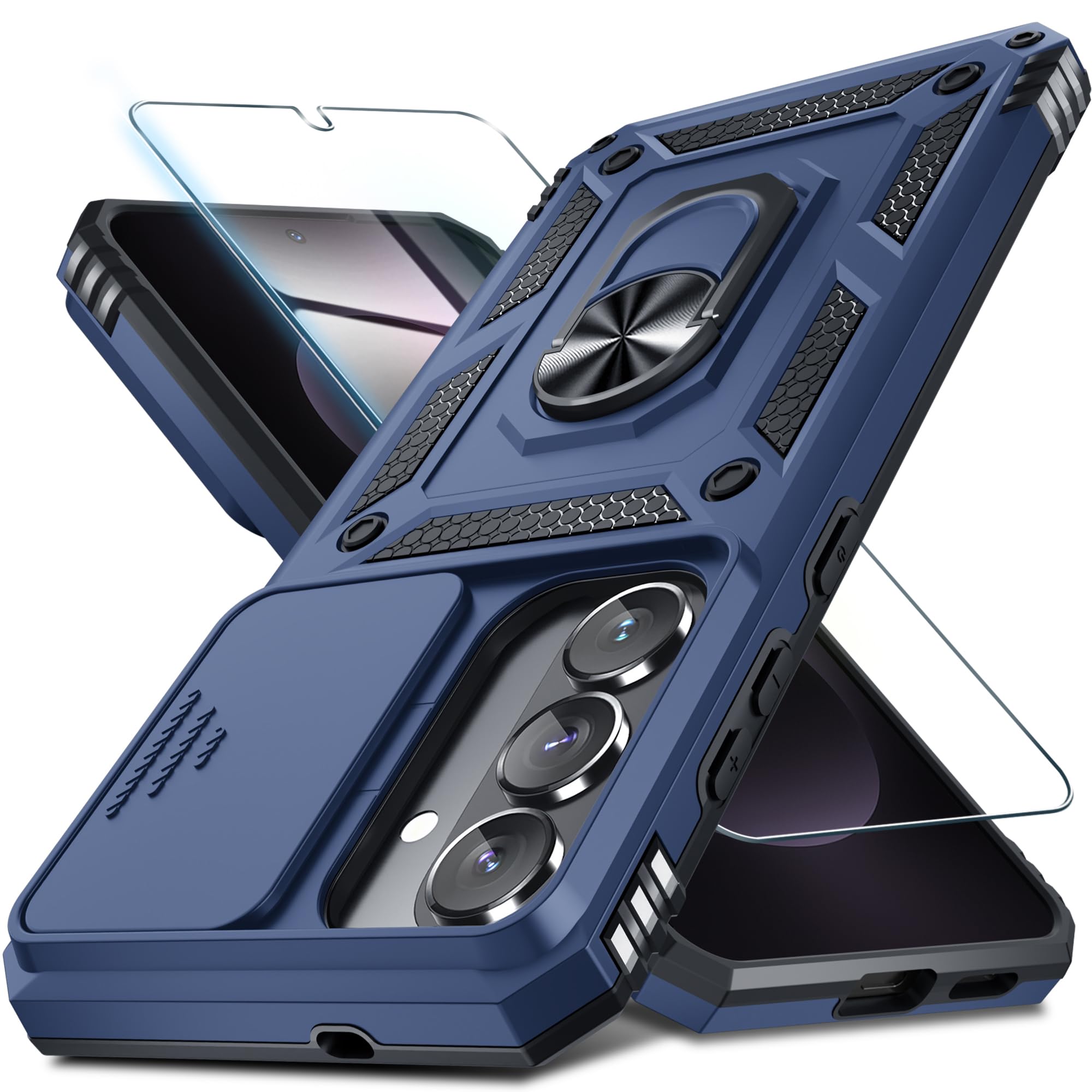 Janmitta for Samsung Galaxy S26 Case Built in Slide Camera Cover,Blue | with Tempered Glass Screen Protector+Finger Ring Holder Kickstand,Heavy Duty Shockproof Full Body Phone Cover