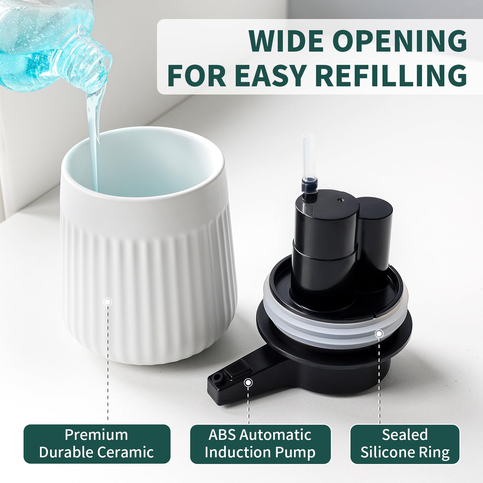 BosilunLife Dispenser automatico di sapone in ceramica con ugello a pompa esteso, 3 livelli regolabili, dispenser di sapone liquido per lozioni touchless, per bagno e cucina, design a righe, bianco
