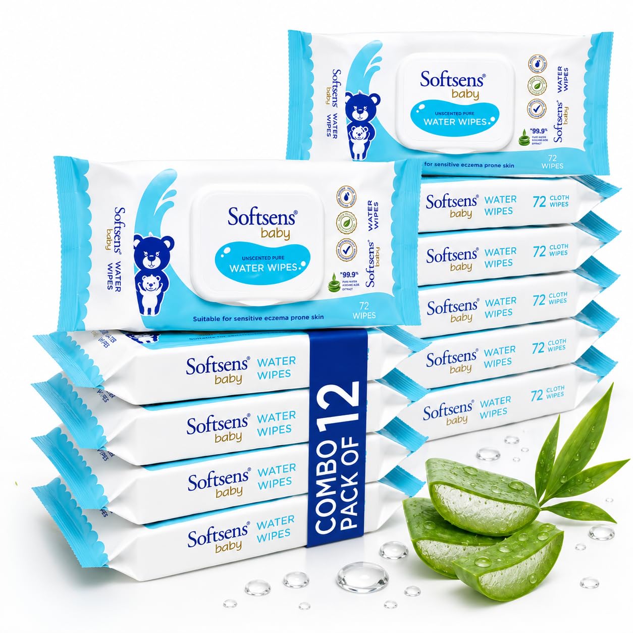 Softsens Baby 99.9% Pure Water Wipes | Pure Aloe Vera Extract with Lid Wipes For Babies (Pack of 12)-image-46