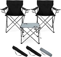 Vista 1 de HaSteeL Juego de 3 sillas plegables de campamento, sillas de campamento plegables negras y mesa gris, silla de césped grande portátil para adultos
