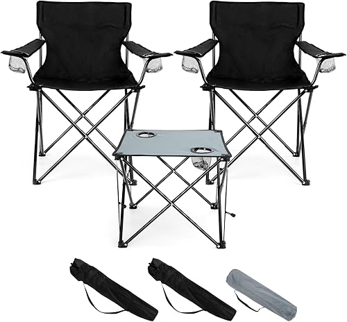HaSteeL Juego de 3 sillas plegables de campamento, sillas de campamento plegables negras y mesa gris, silla de césped grande portátil para adultos,