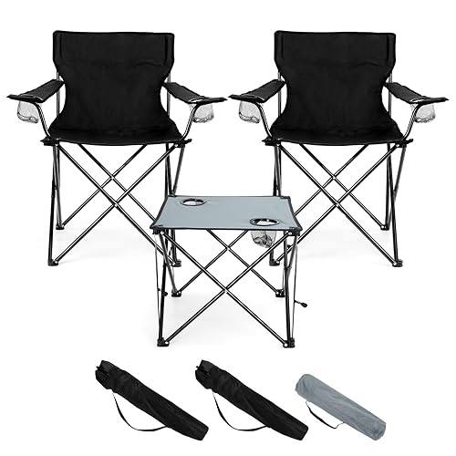 HaSteeL Folding Camping Chair Set of 3, Foldable Black Camp