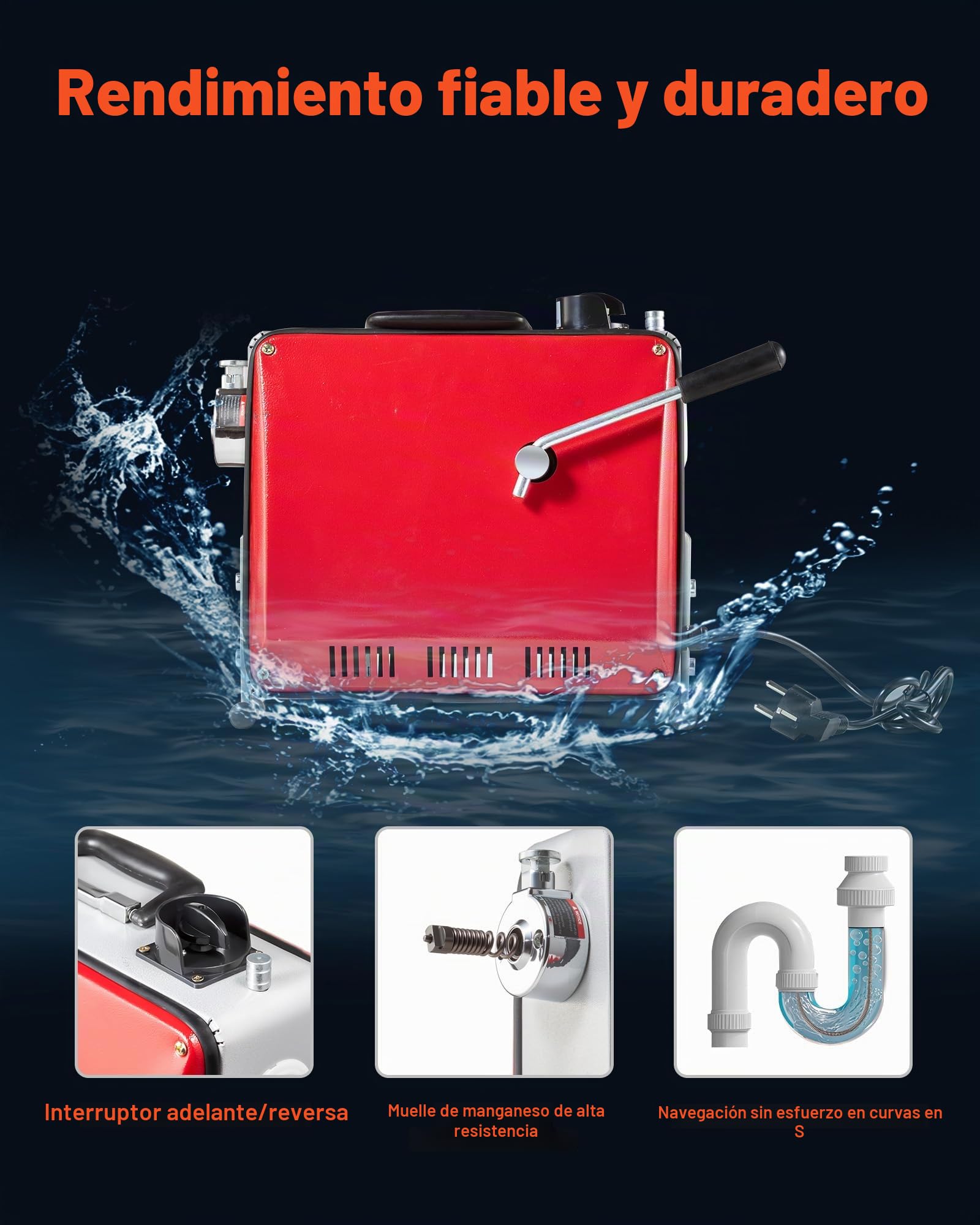 VEVOR Desatascador de Tuberías Eléctrico 390 W 1400 RPM con Cable de Resorte de 12 m x 16 mm, 4,5 m x 16 mm, 8 m x 9,5 mm y 6 Cabezales de Limpieza, Apto para Tuberías de 50 a 110 mm de Diámetro