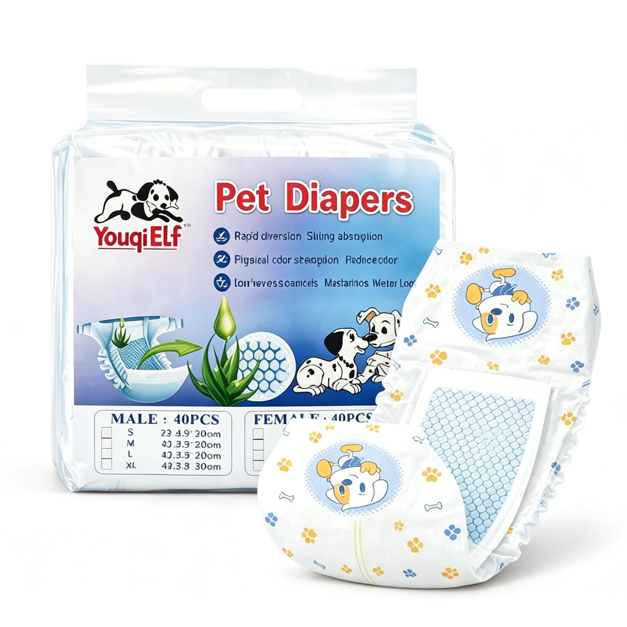 Photo 1 of Youqi Elf Disposable Male Dog Belly Wraps with Aloe Vera Chip, Ultra Soft Breathable Male Dog Diapers, Fast Strong Absorb Leakproof Odor Control Incontinence Pet Wraps, 40 Count S
