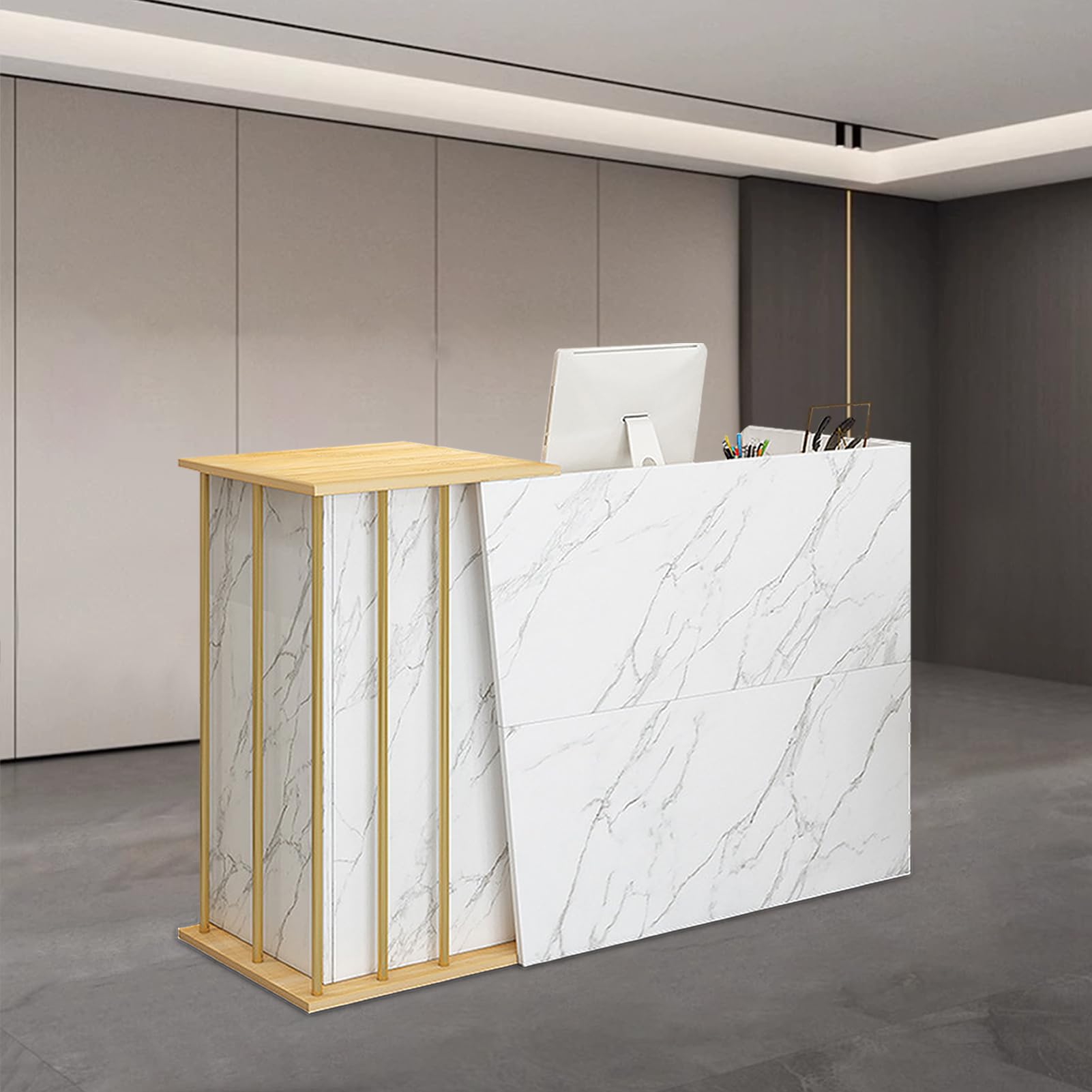 Sjmdmzd B Modern Reception Desk White Front Counter Desk Corner Cashier Reception Counter With Lockable Drawer Open Shelving Storage Cabinet For Eauty Salon Store Office 100Cm