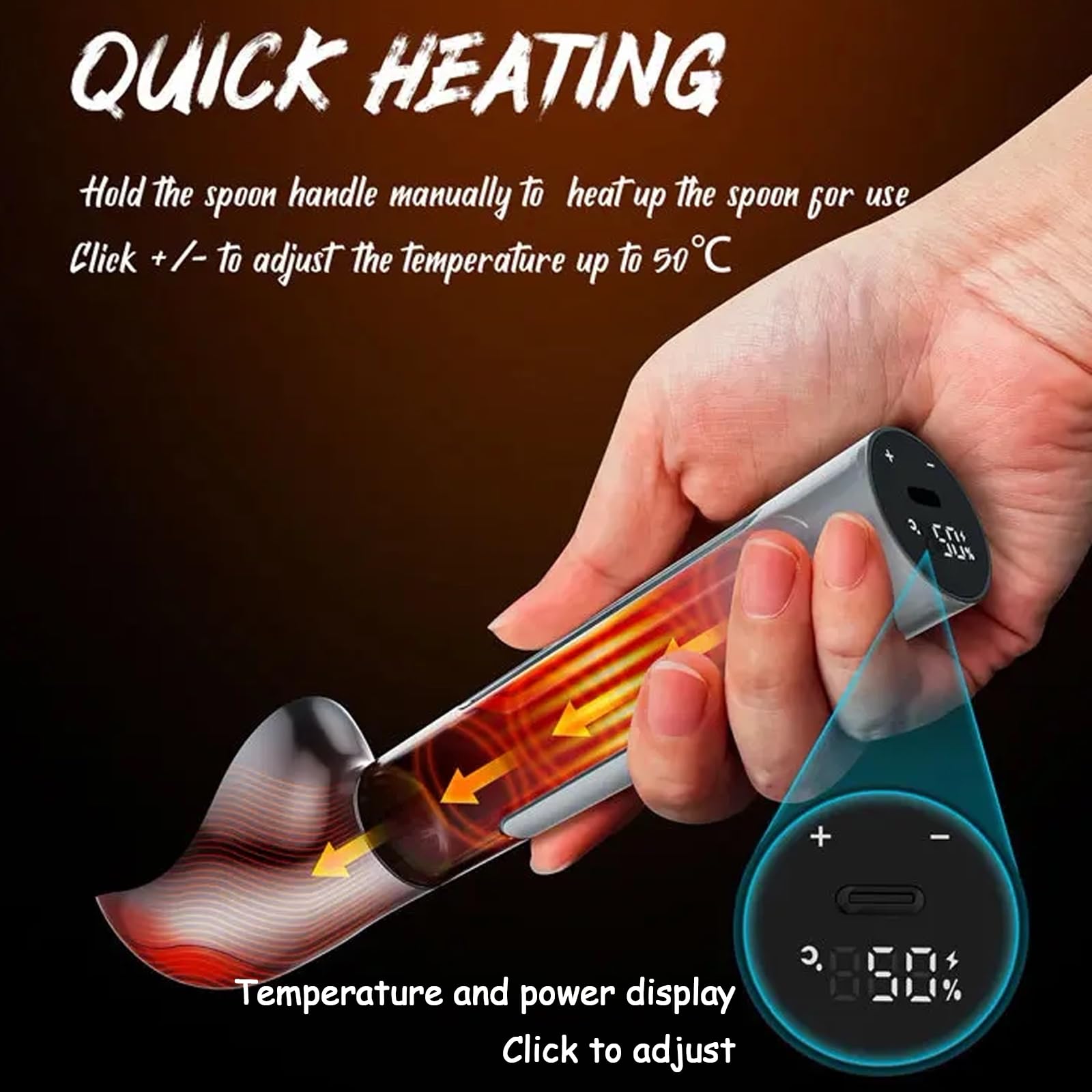 Cuillère à glace chauffante, cuillère électrique avec écran LED, chauffage portable jusqu'à 70 °C, étanche IP67, rechargeable par USB pour un usage domestique et professionnel