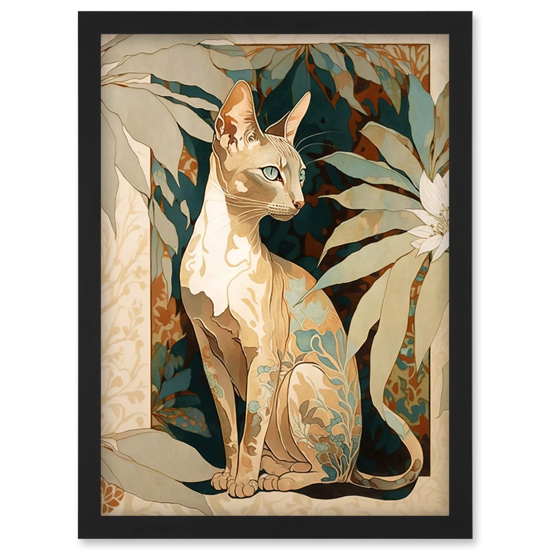 Artery8 Framed Art Print - Shorthair Cat Botanical Pattern - Modern Art Nouveau Watercolour Illustration - A4 Size - Black Frame