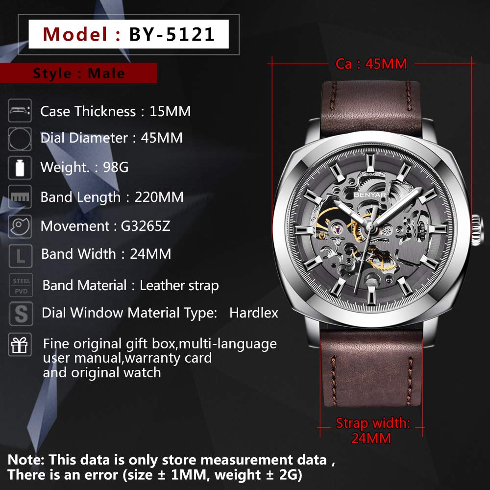 BENYAR - Montre mécanique Automatique pour Homme - Bracelet en Cuir - Mouvement doré - Cadran Squelette de 45 mm - Résistant à l'eau et aux Rayures - Cadeau élégant pour Homme