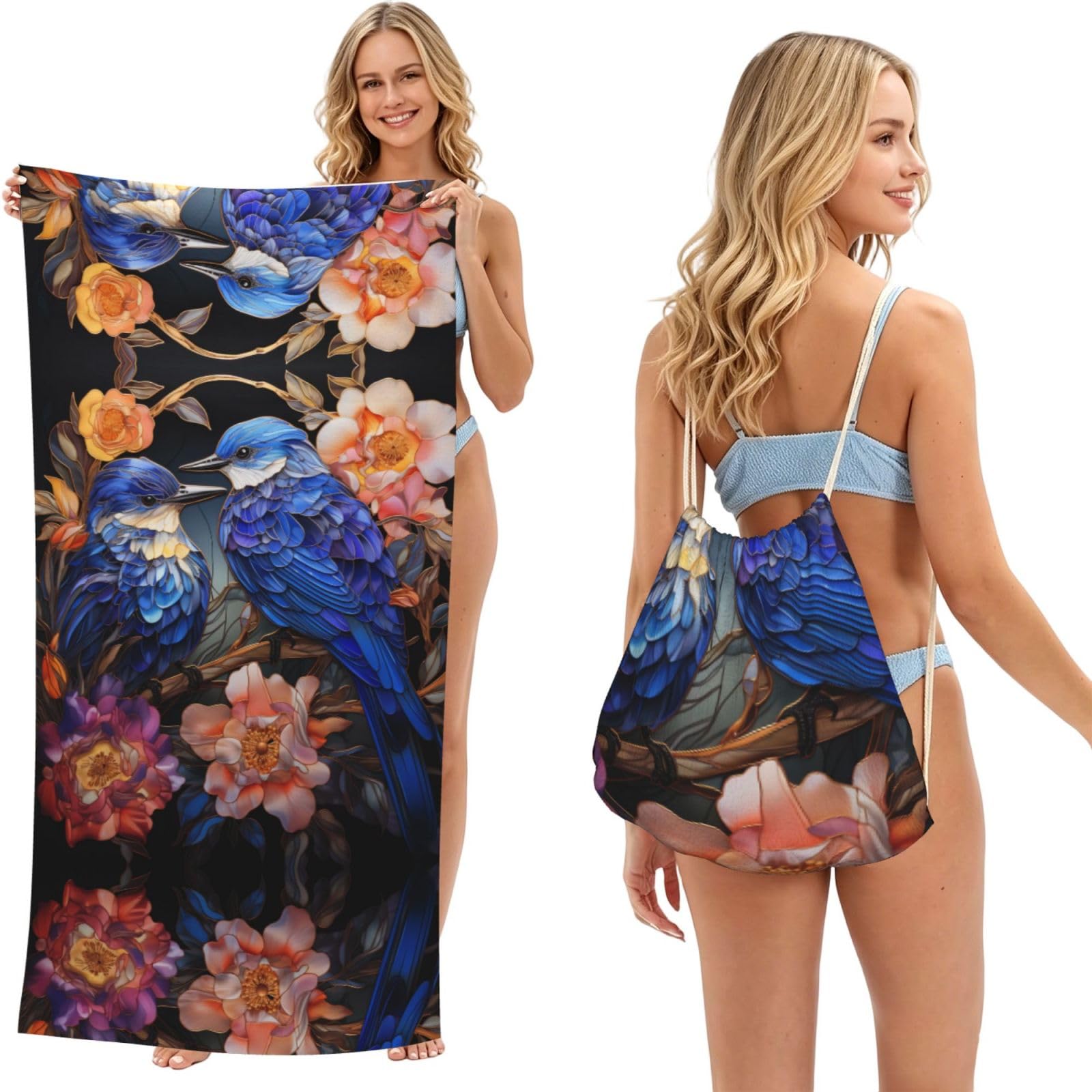 SXZVVBN Retro Birds and Flowers 2-in-1 Beach Towel Bag, Quick Dry Sand Free Travel Towel Backpack for Adults