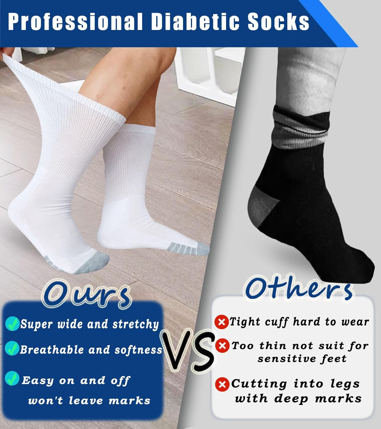 Diabetic Extra Width Crew Socks Non Binding Bariatric Sock for Women Men Swollen Feet Large Size Diabetics 3 Pairs - Image 4