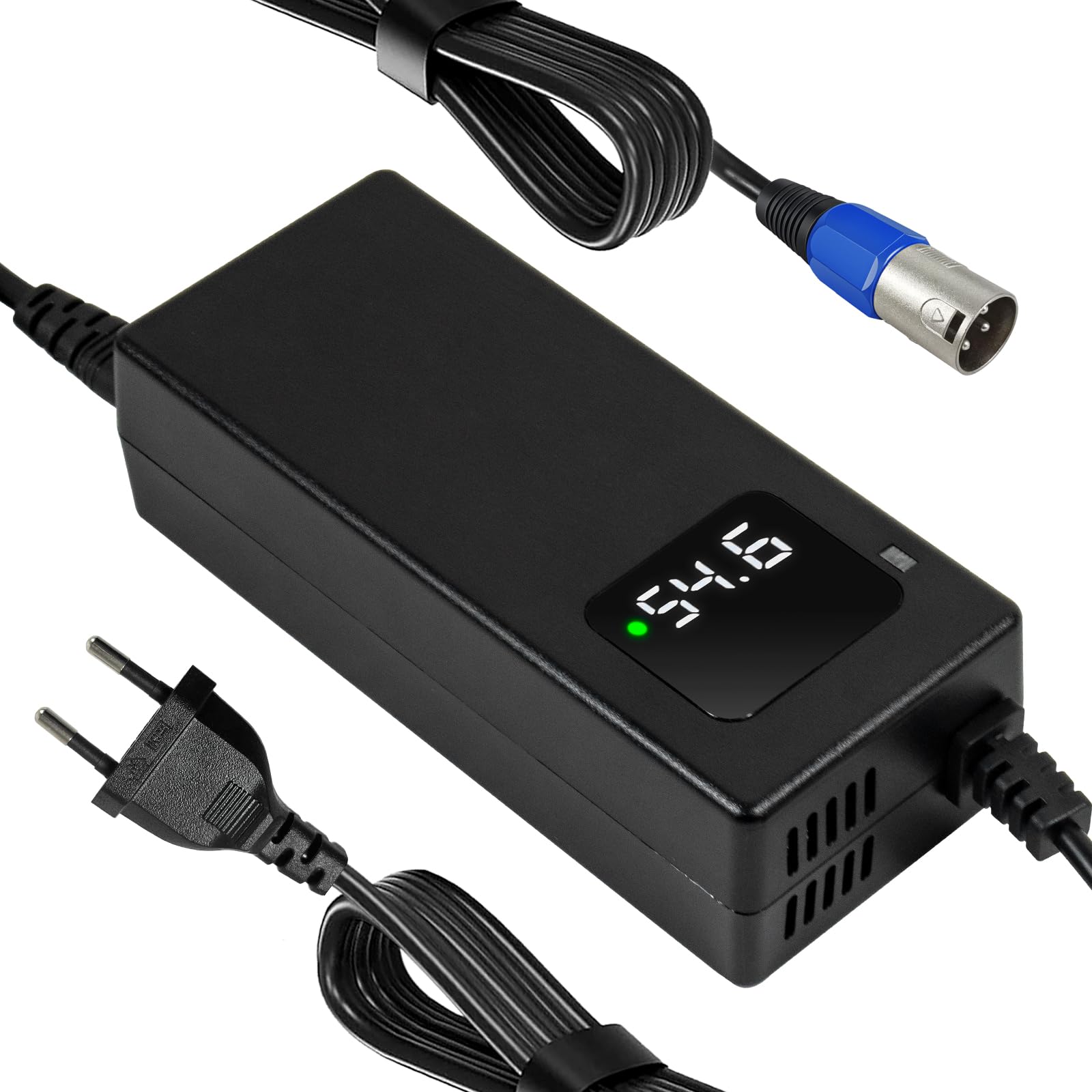 Caricabatteria da 54,6 V 2 A per e-bike e-scooter 48 V 13S batteria al litio con spina XLR a 3 pin, 48 V agli ioni di litio con display ventola integrata
